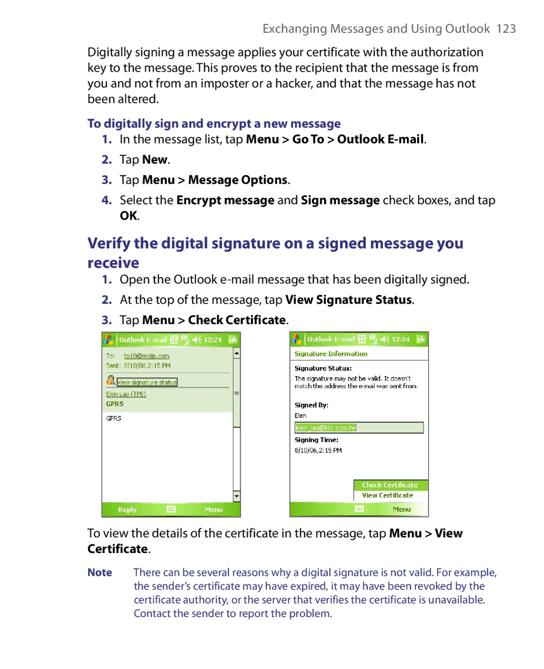 HTC Pocket PC Phone user manual To digitally sign and encrypt a new message, Message list, tap Menu Go To Outlook E-mail 