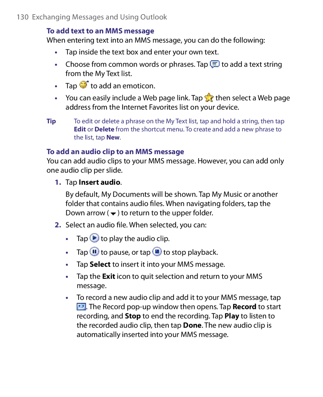 HTC Pocket PC Phone user manual To add text to an MMS message, To add an audio clip to an MMS message, Tap Insert audio 