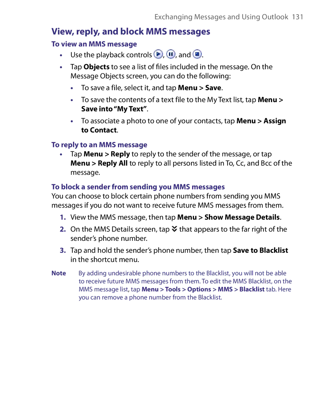 HTC Pocket PC Phone user manual View, reply, and block MMS messages, To view an MMS message, To reply to an MMS message 