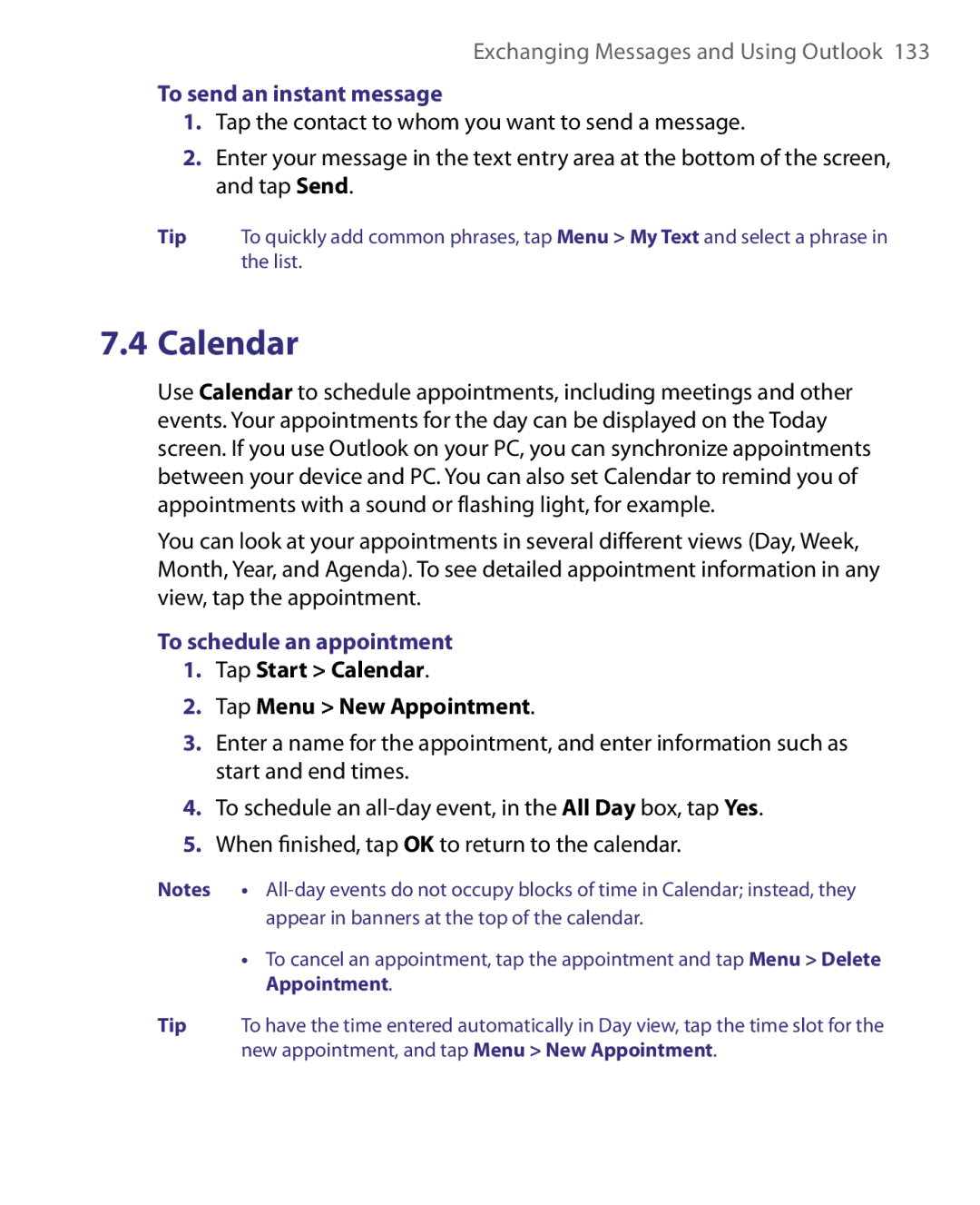 HTC Pocket PC Phone To send an instant message, To schedule an appointment, Tap Start Calendar Tap Menu New Appointment 
