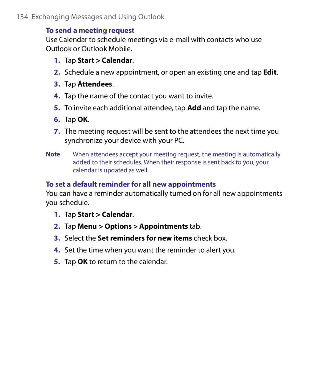 HTC Pocket PC Phone user manual To send a meeting request, Tap Start Calendar, Tap Attendees 