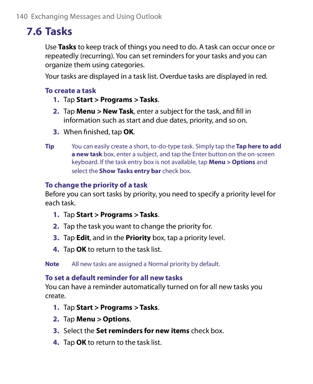 HTC Pocket PC Phone user manual To create a task, Tap Start Programs Tasks, To change the priority of a task 