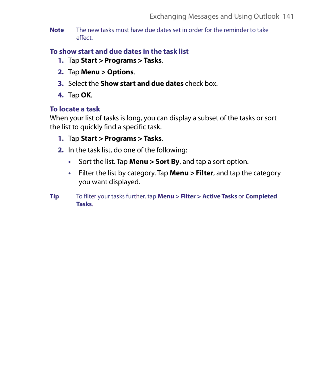 HTC Pocket PC Phone user manual To show start and due dates in the task list, To locate a task 