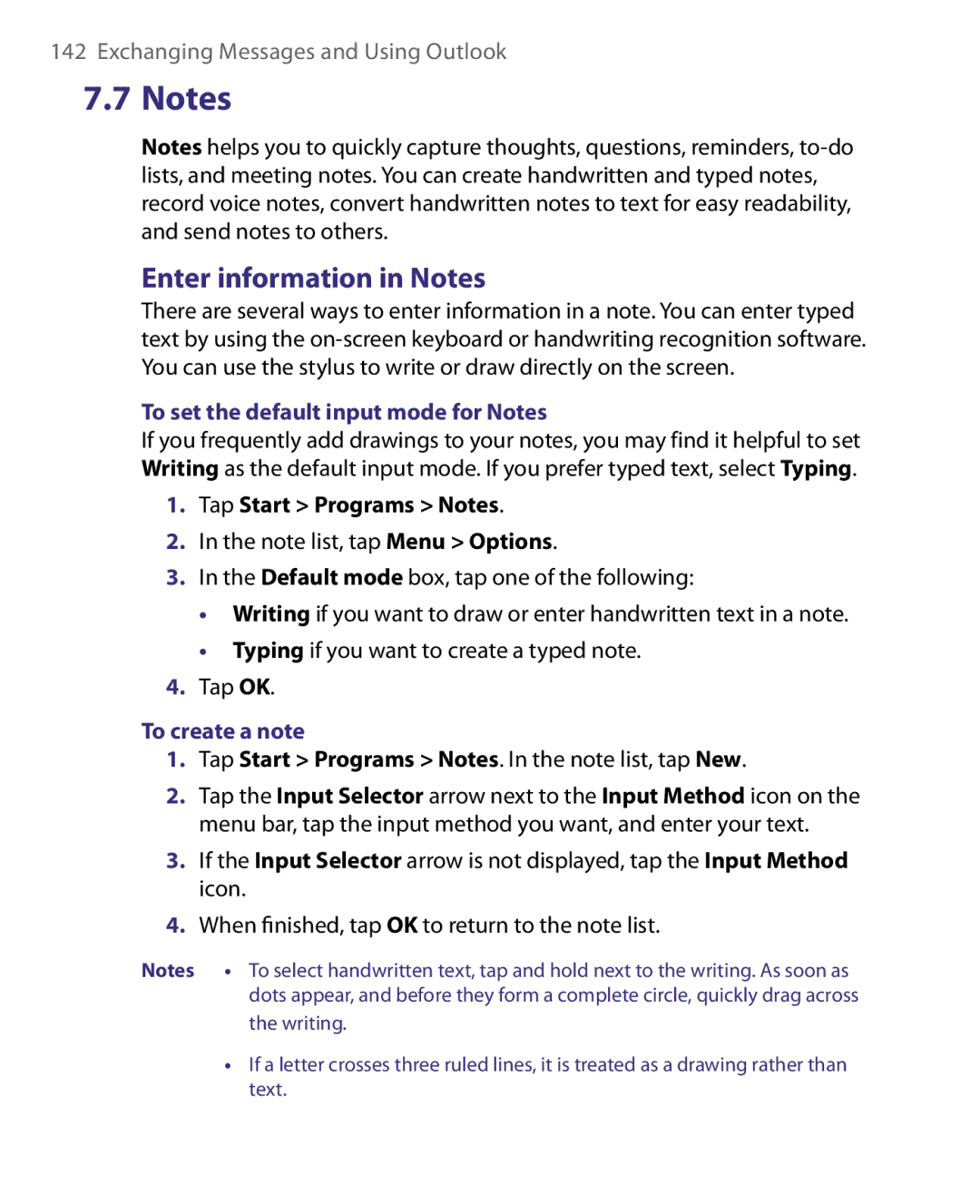 HTC Pocket PC Phone Enter information in Notes, To set the default input mode for Notes, Tap Start Programs Notes 