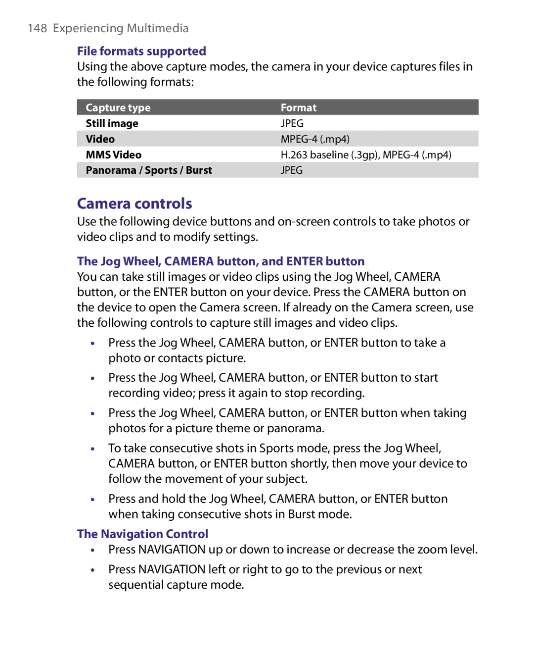 HTC Pocket PC Phone user manual Camera controls, File formats supported, Jog Wheel, Camera button, and Enter button 