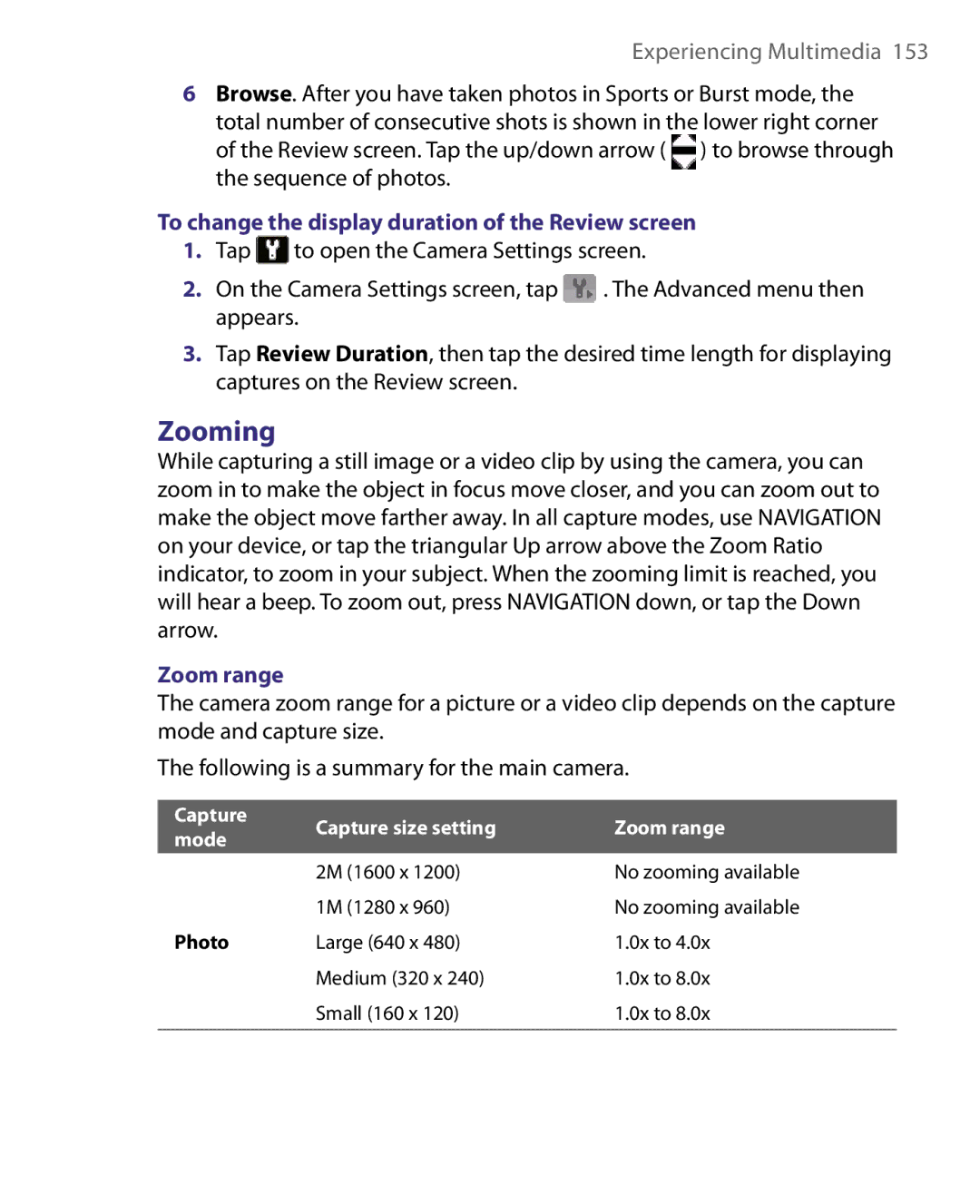 HTC Pocket PC Phone user manual Zooming, To change the display duration of the Review screen, Zoom range 