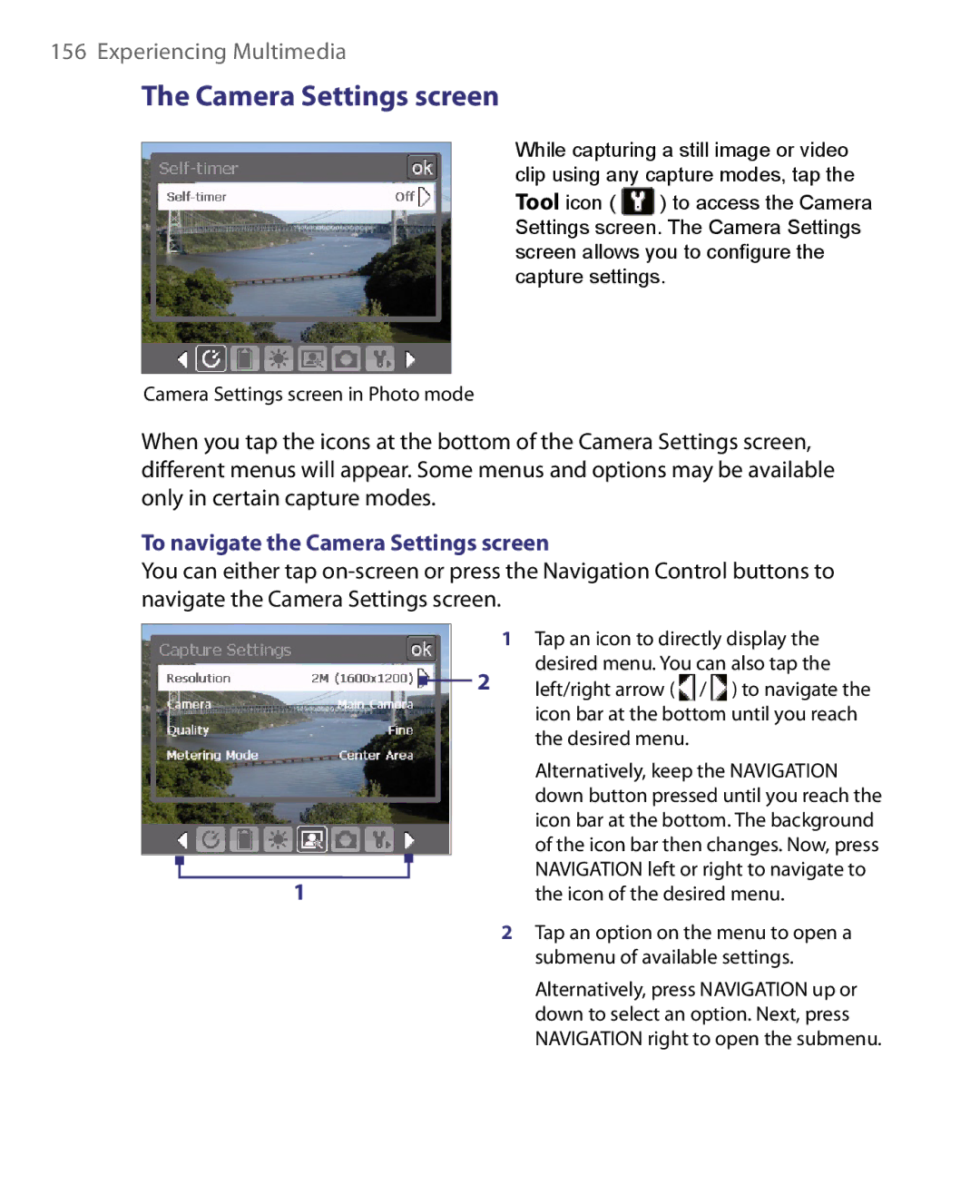 HTC Pocket PC Phone user manual To navigate the Camera Settings screen 