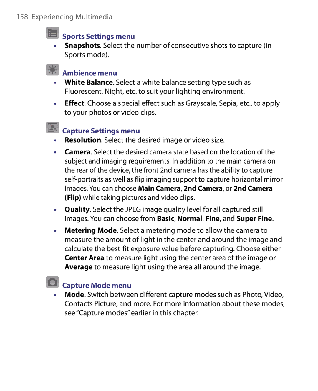 HTC Pocket PC Phone user manual Sports Settings menu, Ambience menu, Capture Settings menu, Capture Mode menu 