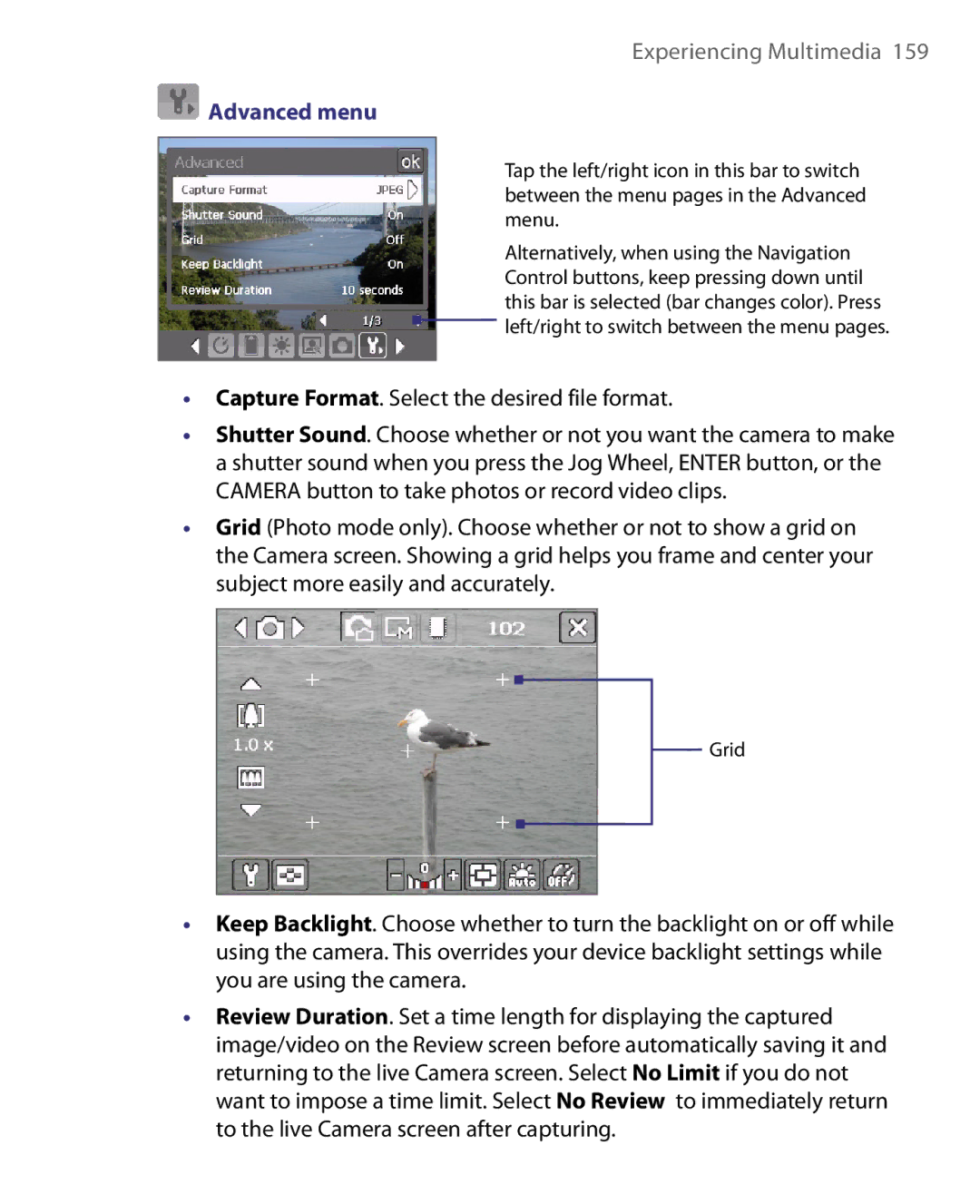 HTC Pocket PC Phone user manual Advanced menu, Capture Format. Select the desired file format 