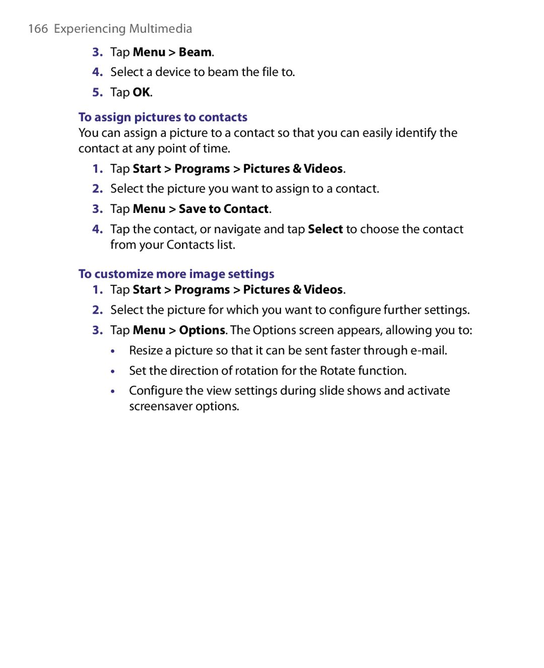 HTC Pocket PC Phone user manual Tap Menu Beam, To assign pictures to contacts, Tap Menu Save to Contact 