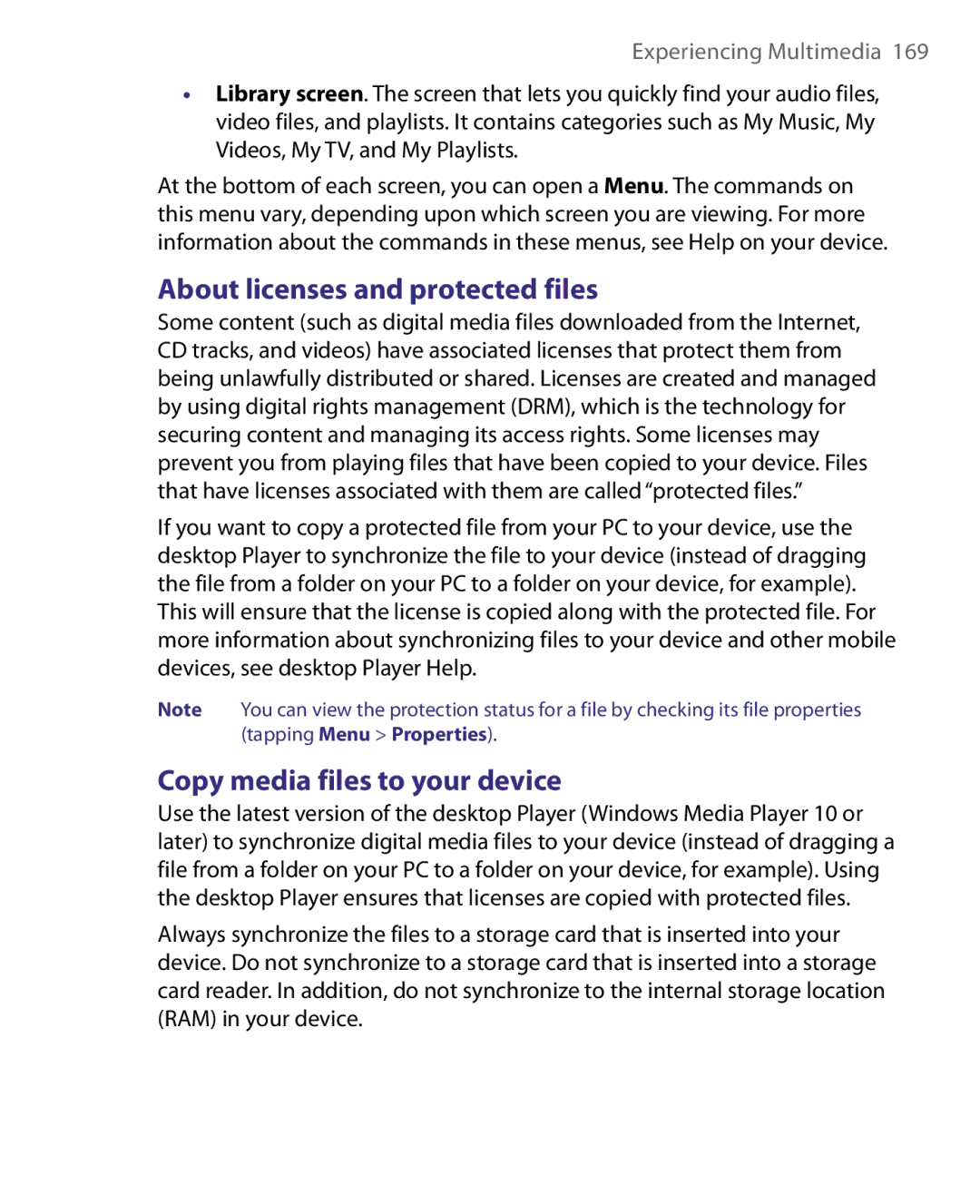 HTC Pocket PC Phone user manual About licenses and protected files, Copy media files to your device 