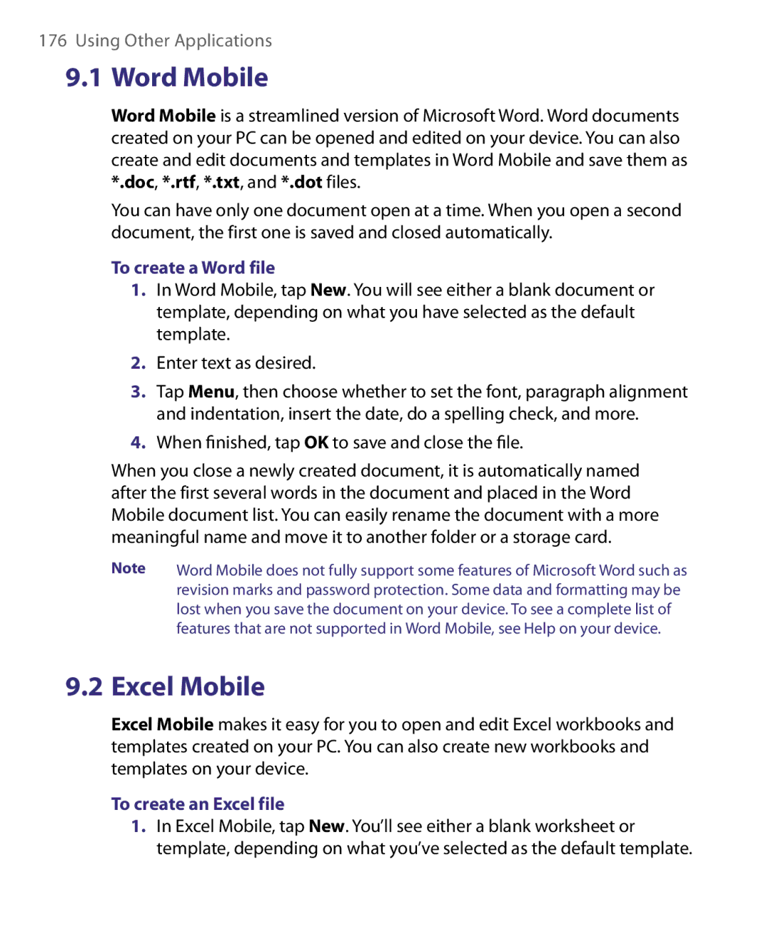 HTC Pocket PC Phone user manual Word Mobile, To create a Word file, To create an Excel file 