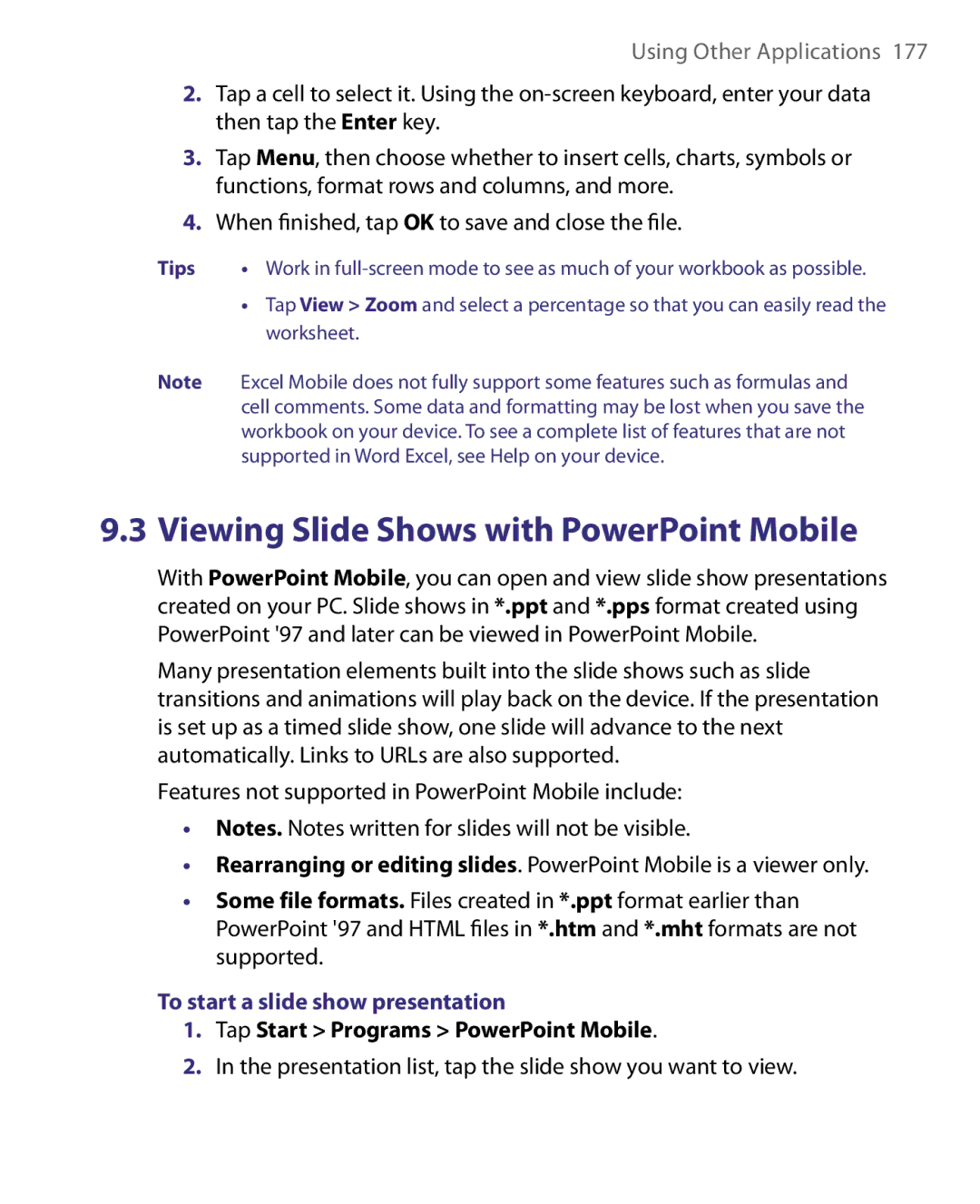 HTC Pocket PC Phone user manual To start a slide show presentation, Tap Start Programs PowerPoint Mobile 