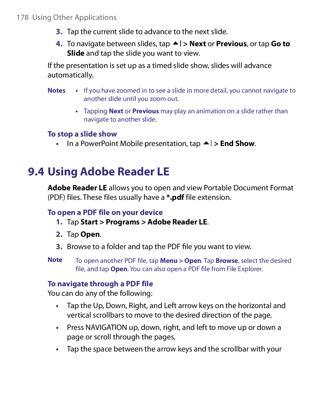 HTC Pocket PC Phone user manual To stop a slide show, Tap Start Programs Adobe Reader LE 