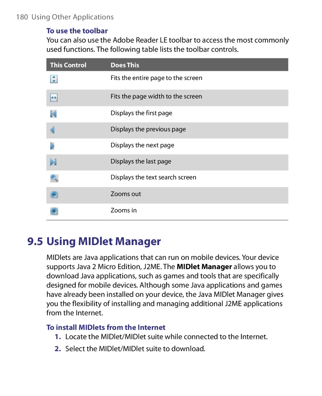 HTC Pocket PC Phone user manual To use the toolbar, To install MIDlets from the Internet 