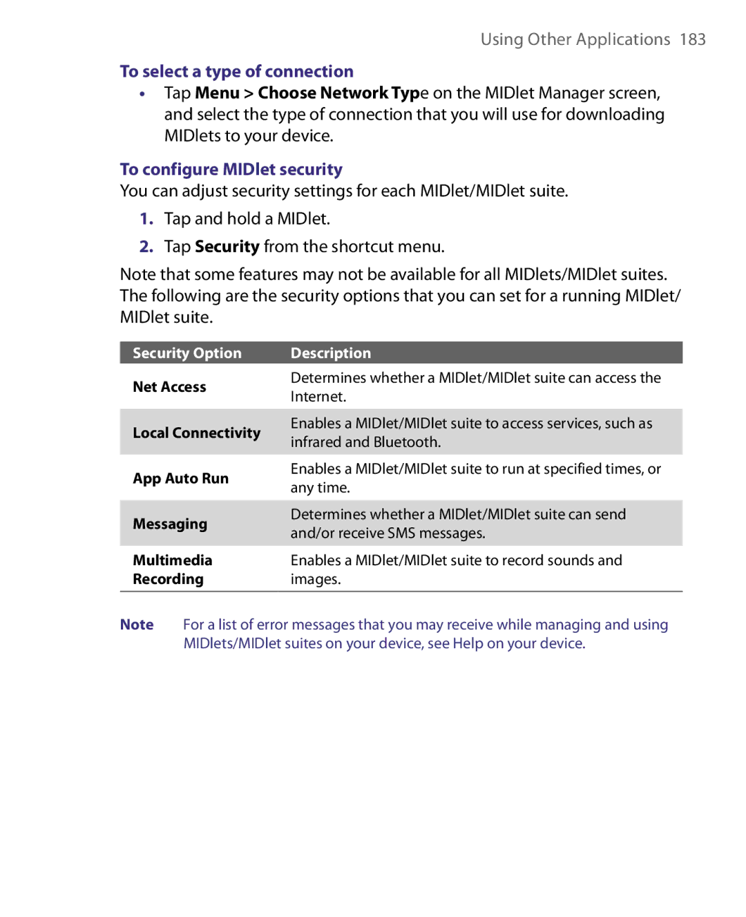 HTC Pocket PC Phone user manual To select a type of connection, To configure MIDlet security 