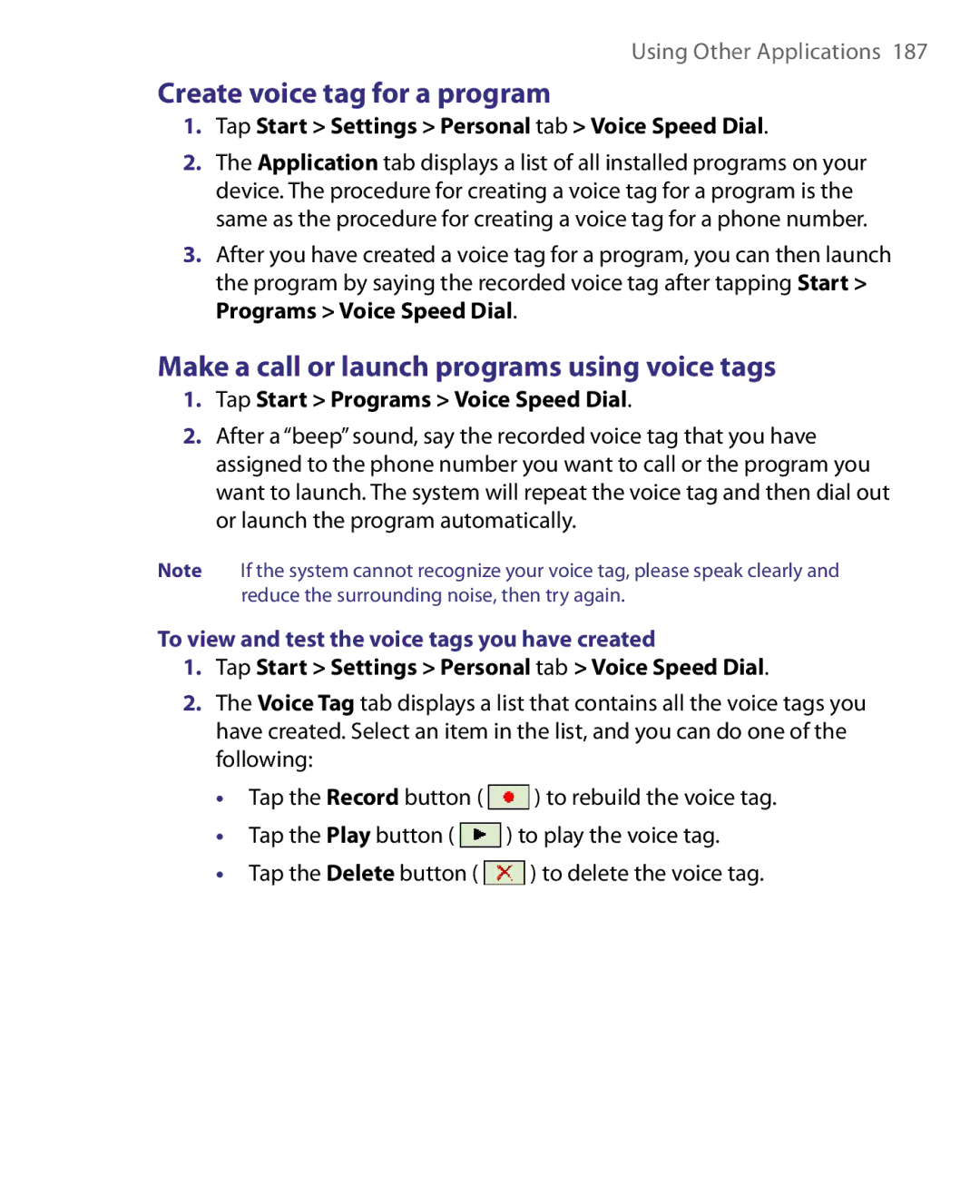 HTC Pocket PC Phone user manual Create voice tag for a program, Make a call or launch programs using voice tags 