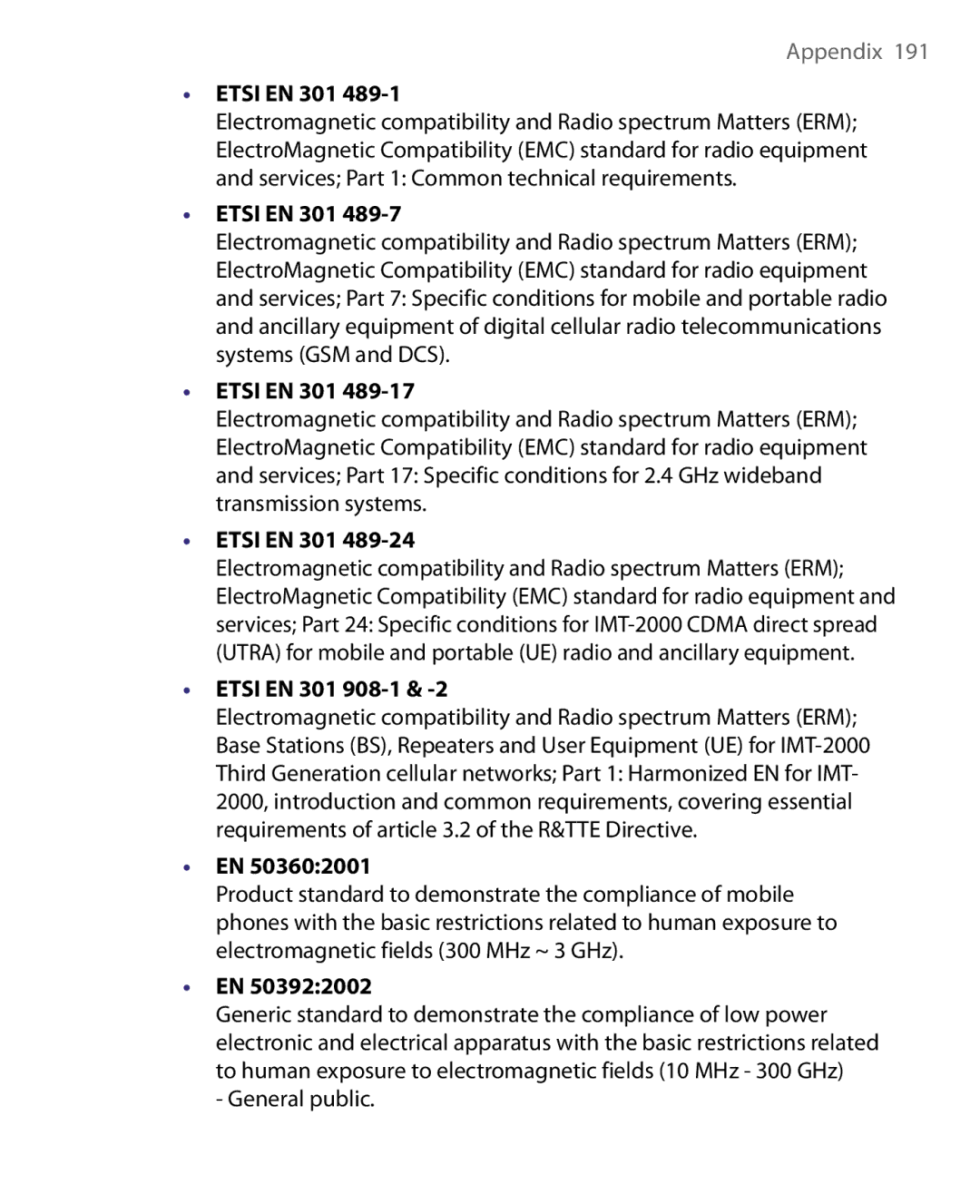 HTC Pocket PC Phone user manual Etsi EN 301 908-1 