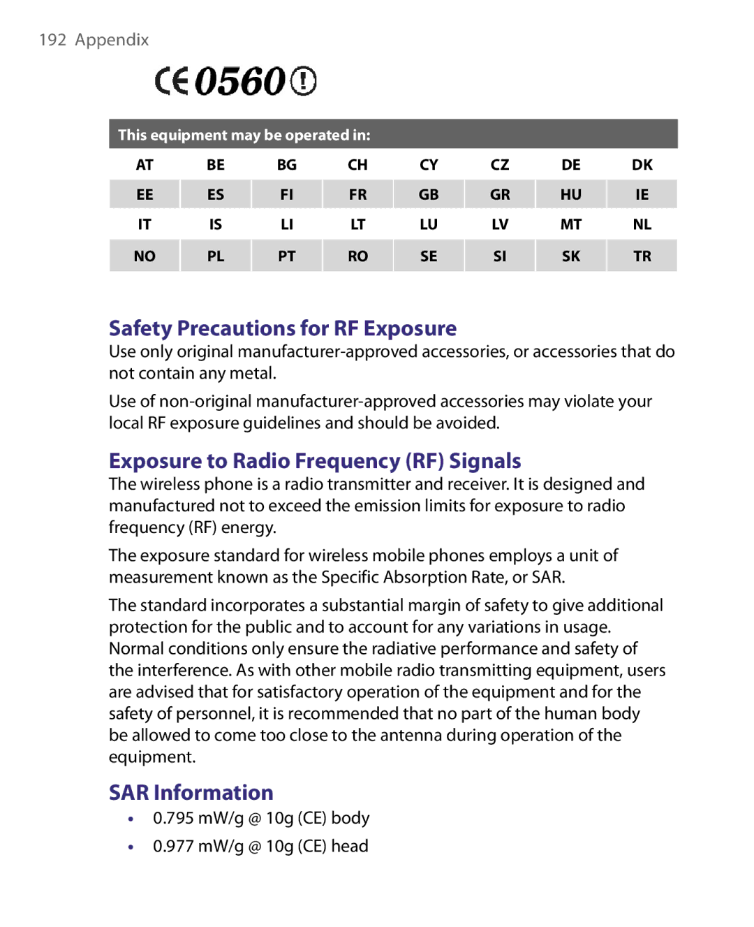 HTC Pocket PC Phone user manual Safety Precautions for RF Exposure, Exposure to Radio Frequency RF Signals, SAR Information 