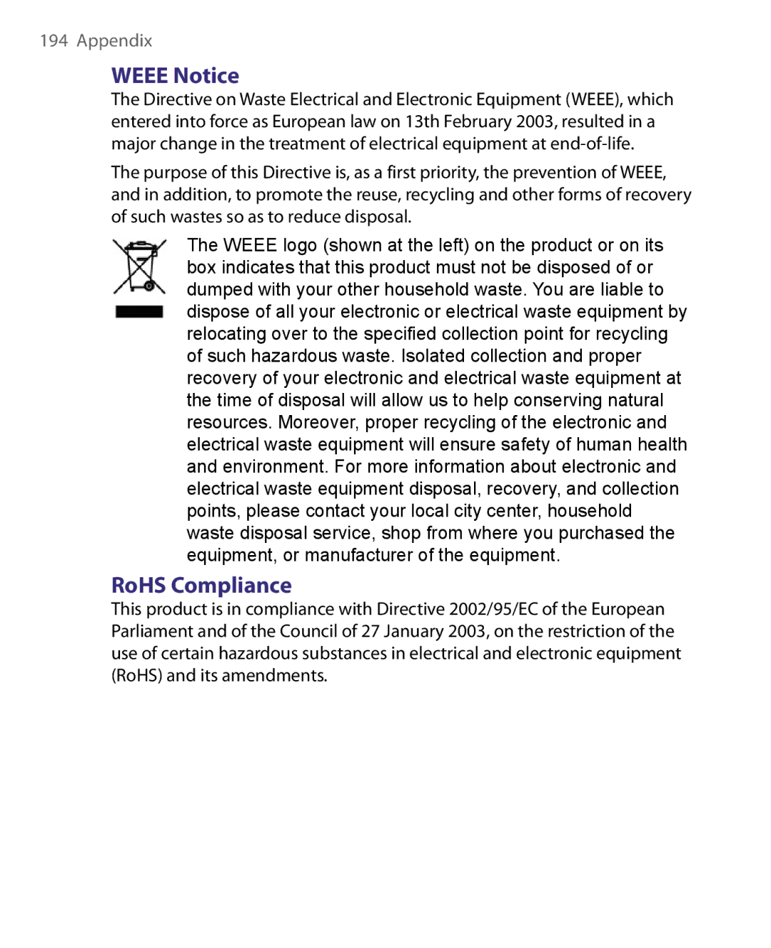 HTC Pocket PC Phone user manual Weee Notice, RoHS Compliance 