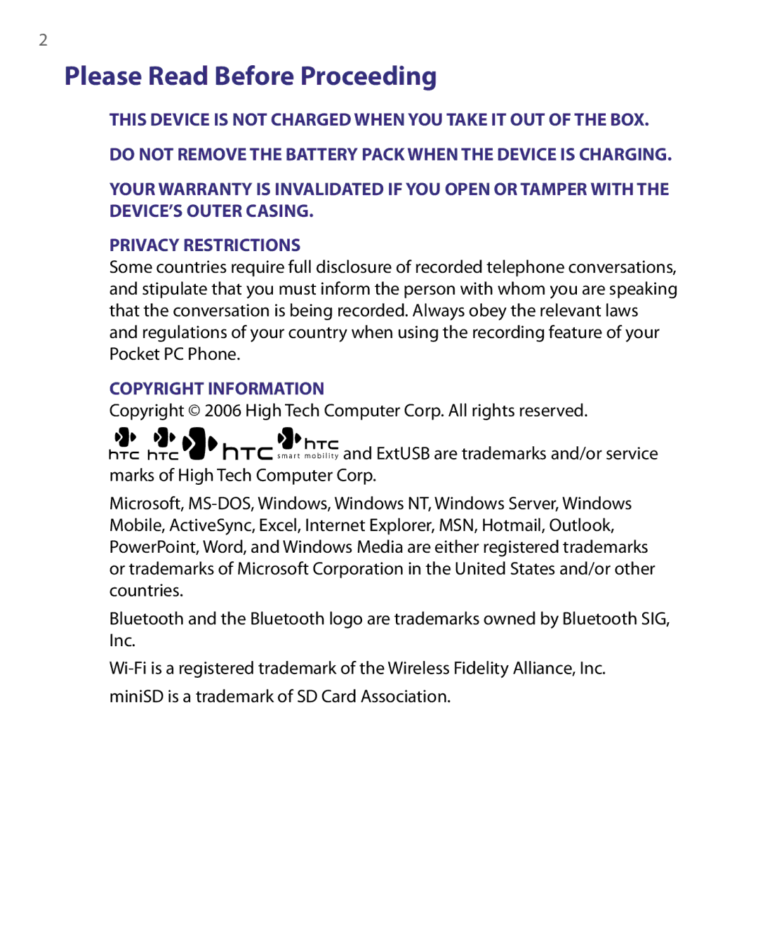 HTC Pocket PC Phone user manual Please Read Before Proceeding, Copyright Information 