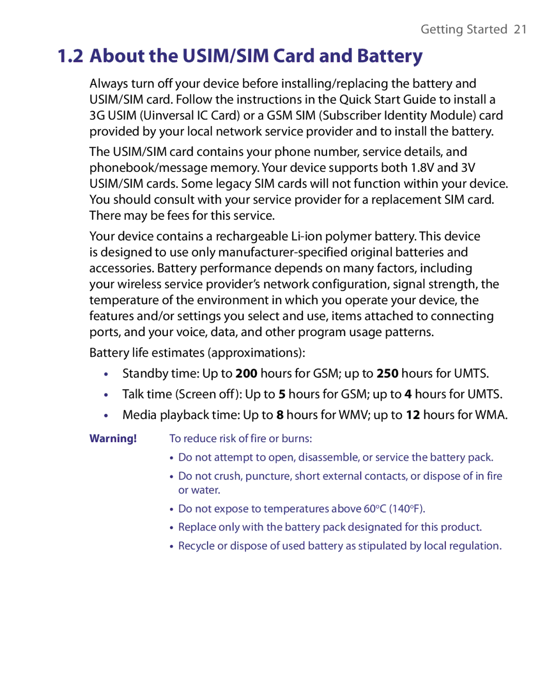 HTC Pocket PC Phone user manual About the USIM/SIM Card and Battery 