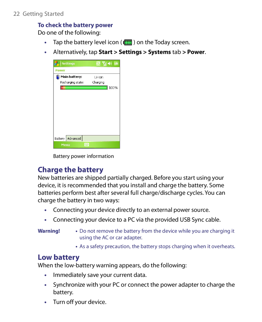 HTC Pocket PC Phone user manual Charge the battery, Low battery, To check the battery power 