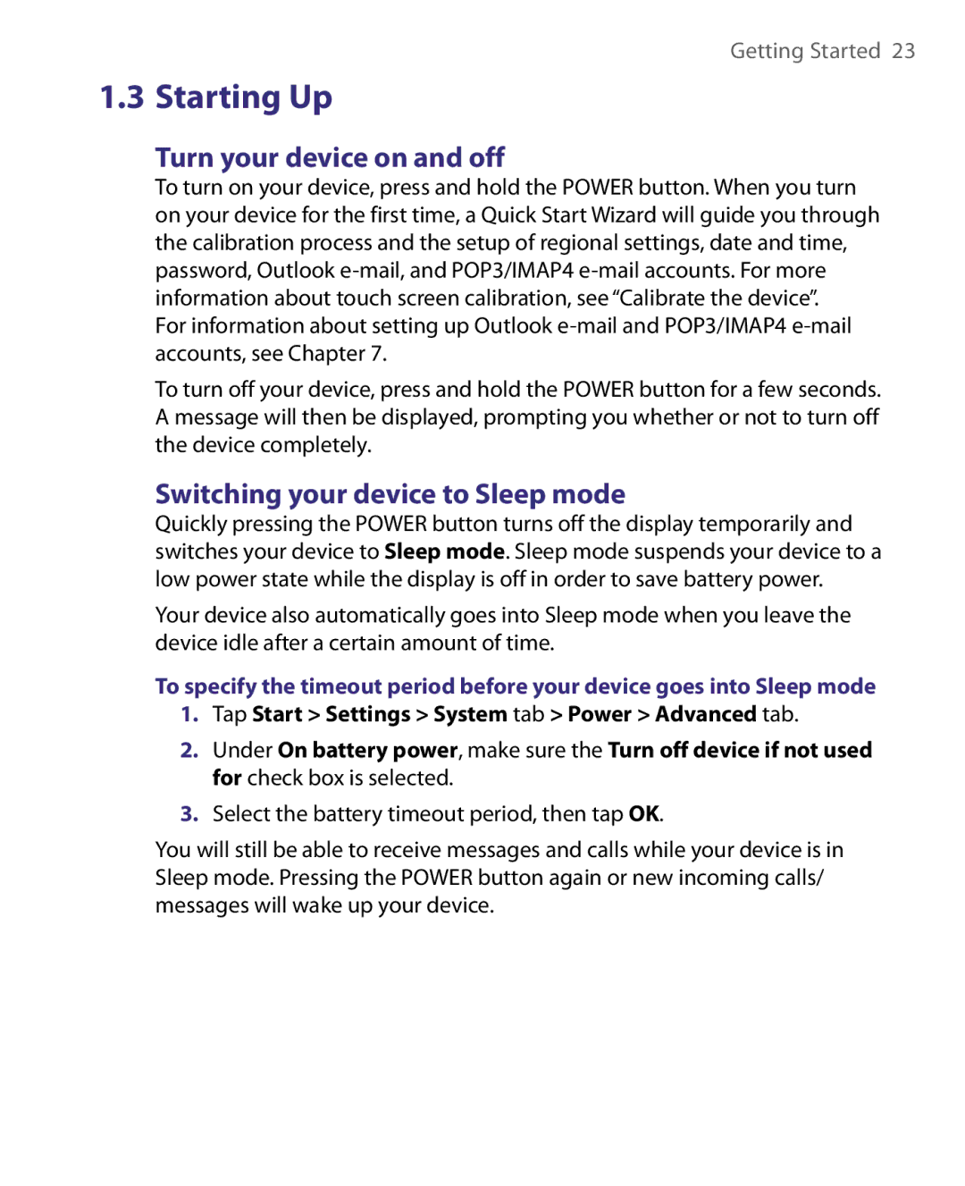 HTC Pocket PC Phone user manual Starting Up, Turn your device on and off, Switching your device to Sleep mode 