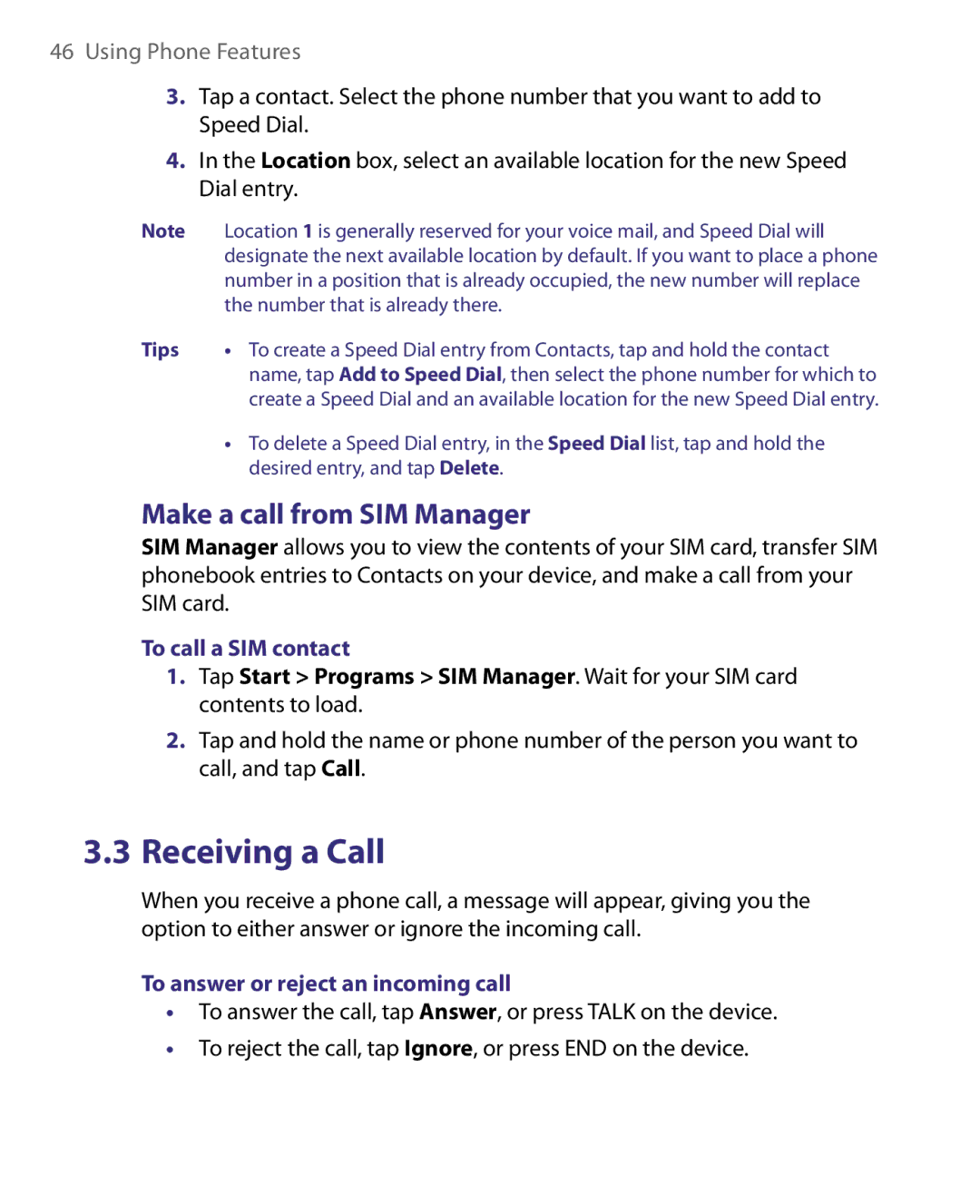 HTC Pocket PC Phone user manual Make a call from SIM Manager, To call a SIM contact, To answer or reject an incoming call 