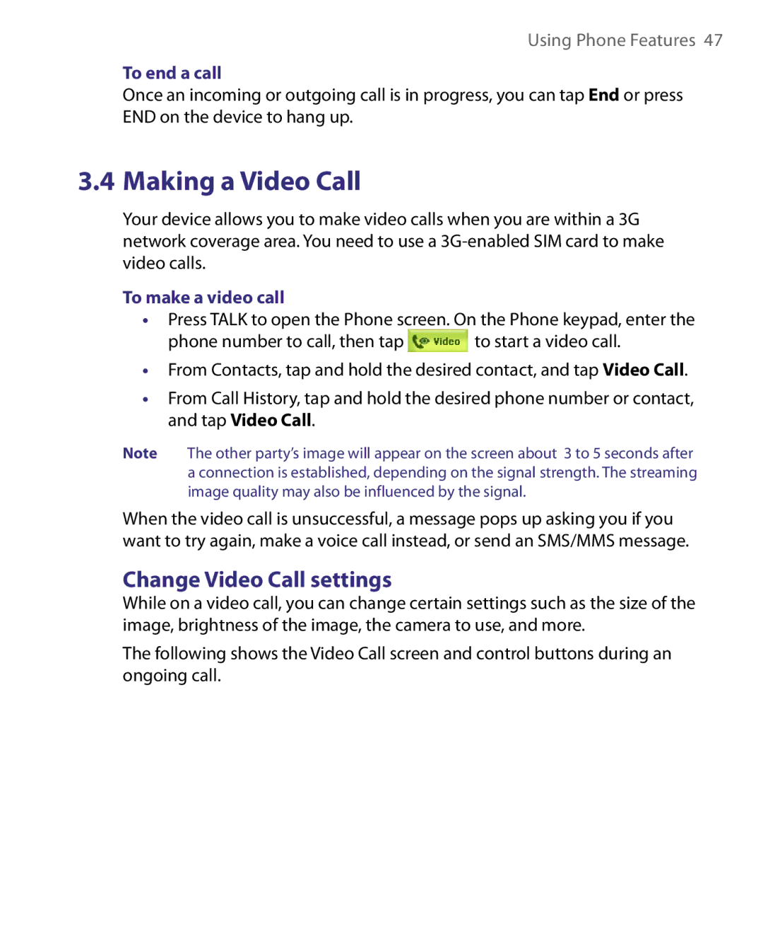 HTC Pocket PC Phone user manual Change Video Call settings, To end a call, To make a video call 