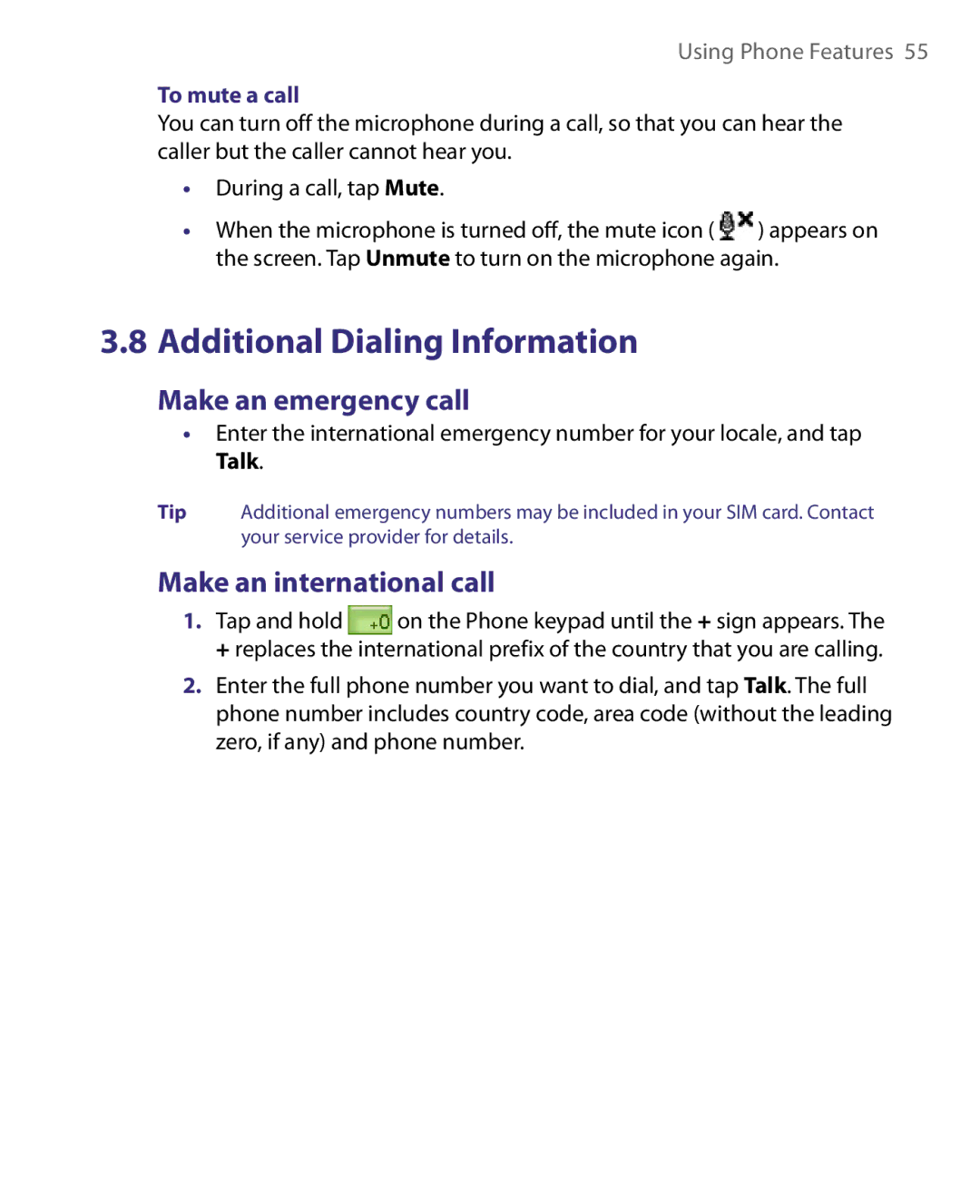 HTC Pocket PC Phone user manual Make an emergency call, Make an international call, To mute a call 