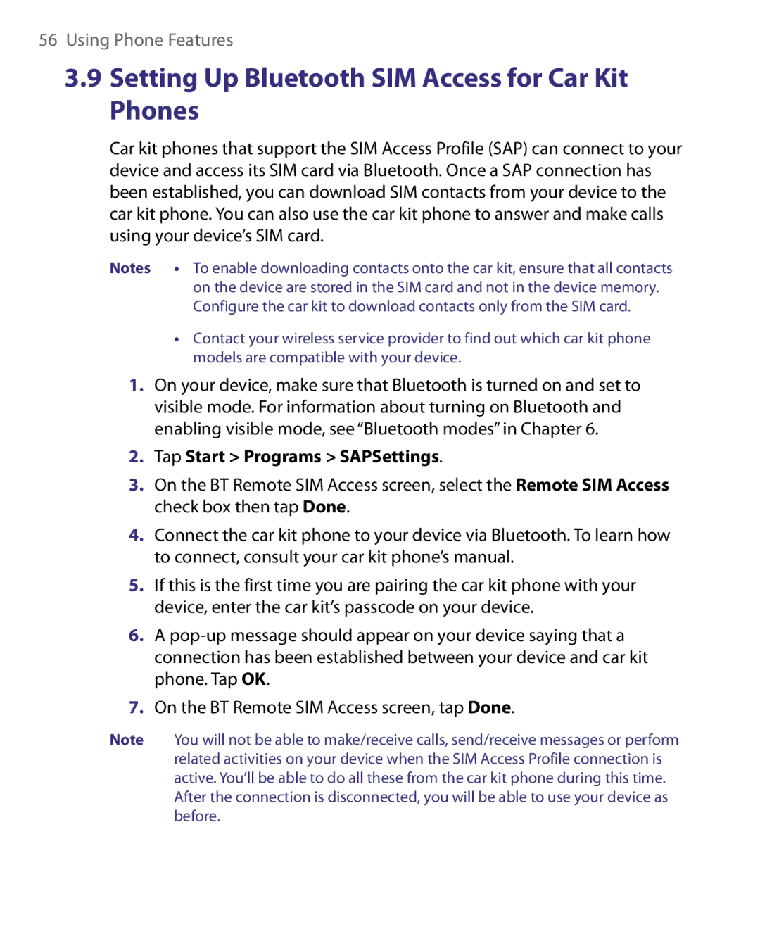 HTC Pocket PC Phone user manual Setting Up Bluetooth SIM Access for Car Kit Phones, Tap Start Programs SAPSettings 