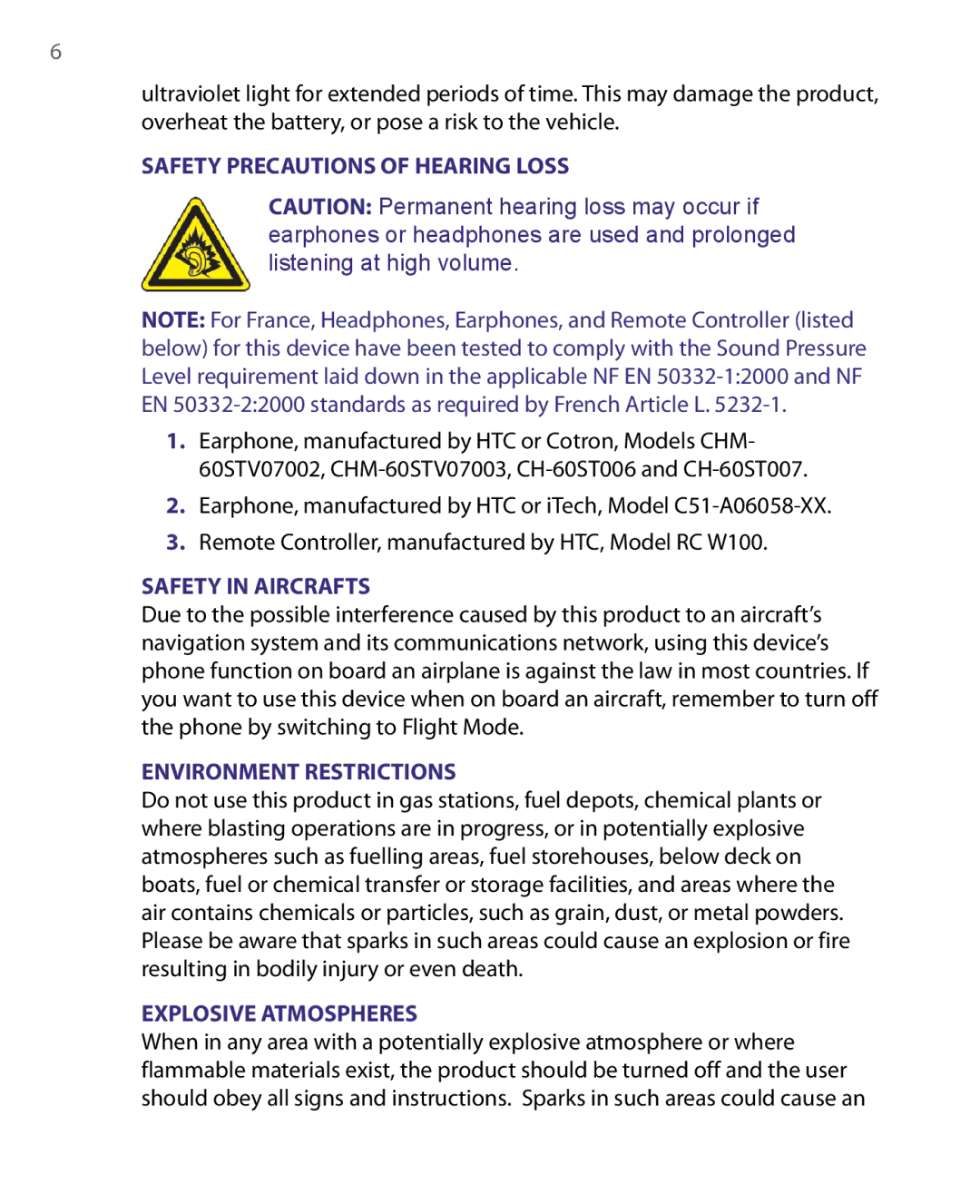 HTC Pocket PC Phone user manual Safety Precautions of Hearing Loss 