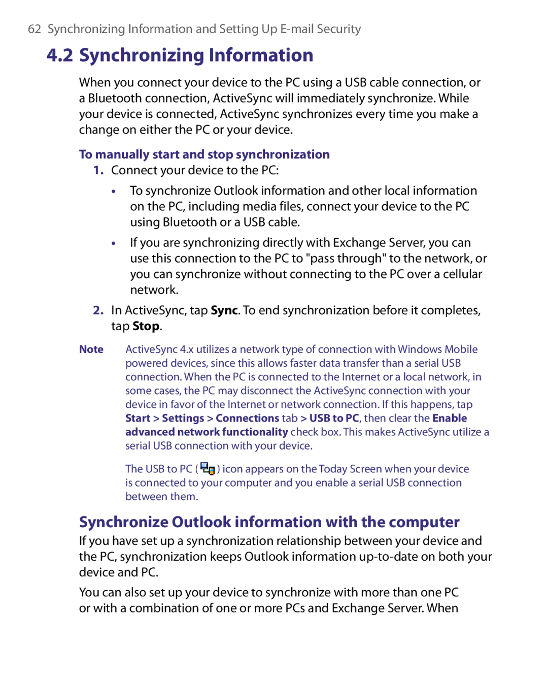 HTC Pocket PC Phone Synchronize Outlook information with the computer, To manually start and stop synchronization 