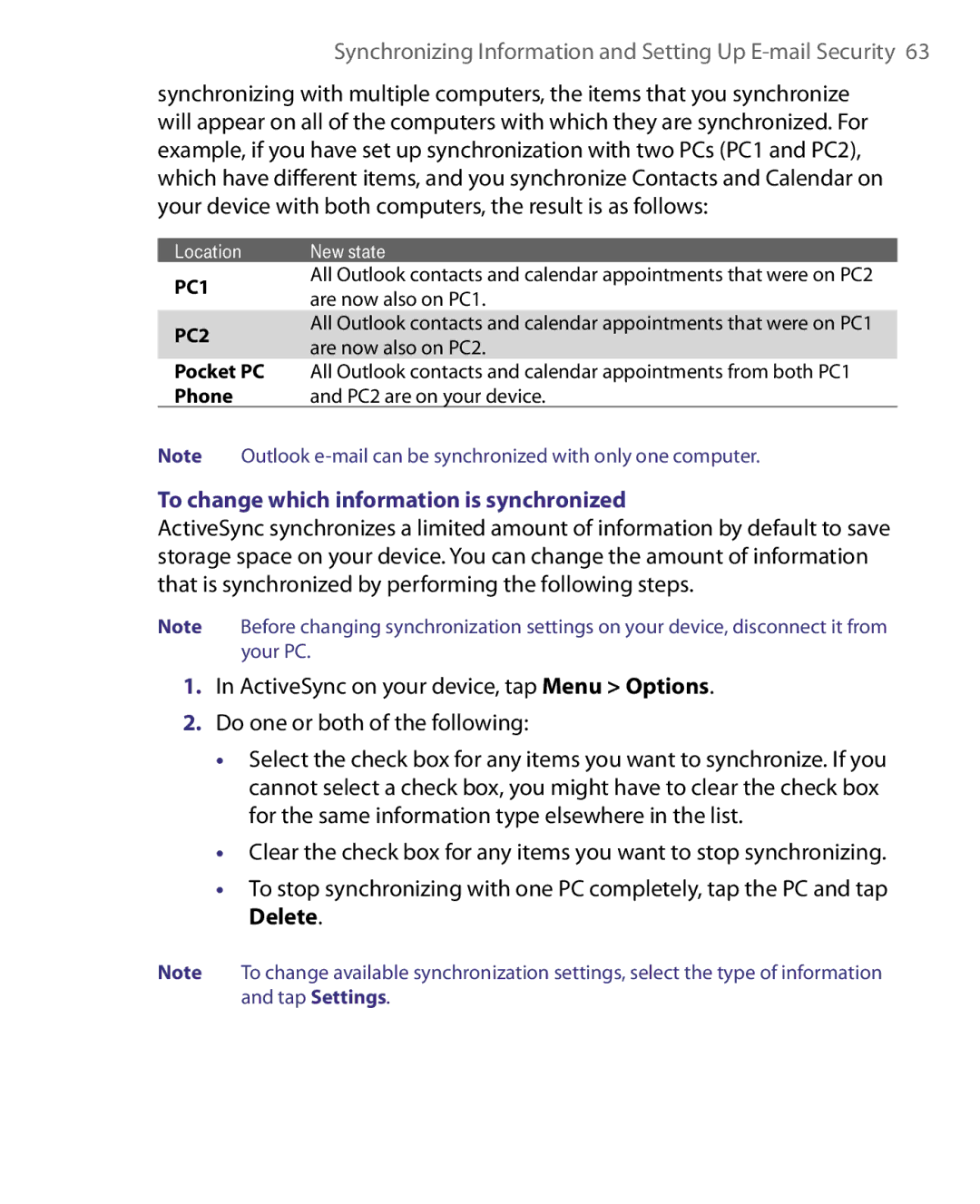 HTC Pocket PC Phone user manual To change which information is synchronized, PC1 PC2 