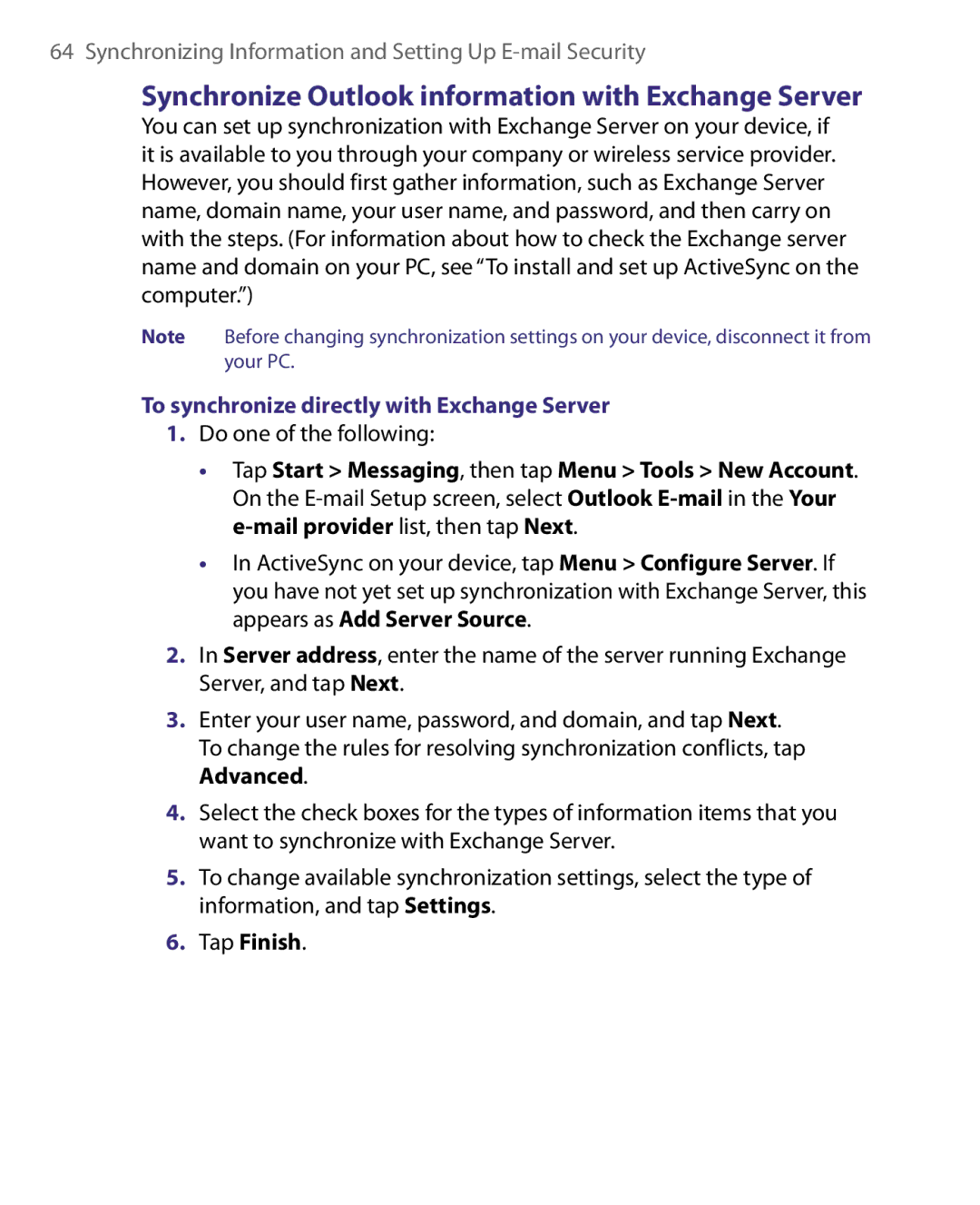 HTC Pocket PC Phone Synchronize Outlook information with Exchange Server, To synchronize directly with Exchange Server 