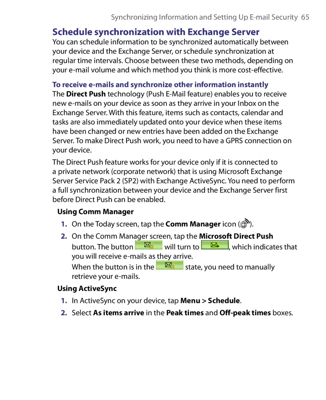 HTC Pocket PC Phone user manual Schedule synchronization with Exchange Server, Using Comm Manager, Using ActiveSync 