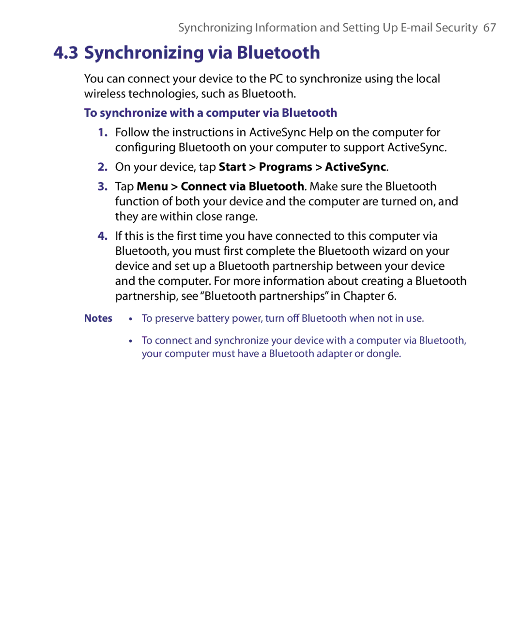 HTC Pocket PC Phone user manual Synchronizing via Bluetooth, To synchronize with a computer via Bluetooth 