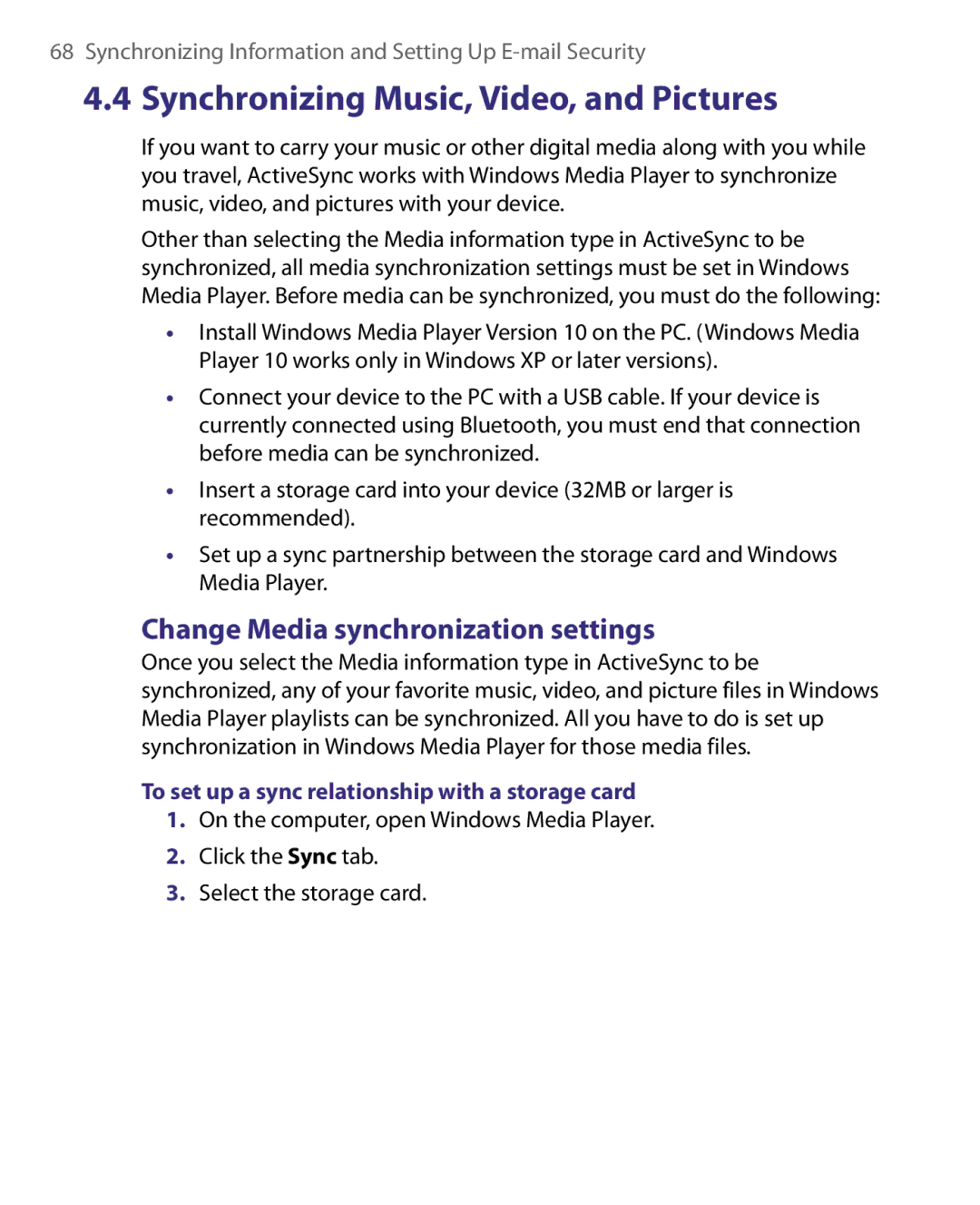 HTC Pocket PC Phone user manual Change Media synchronization settings, To set up a sync relationship with a storage card 