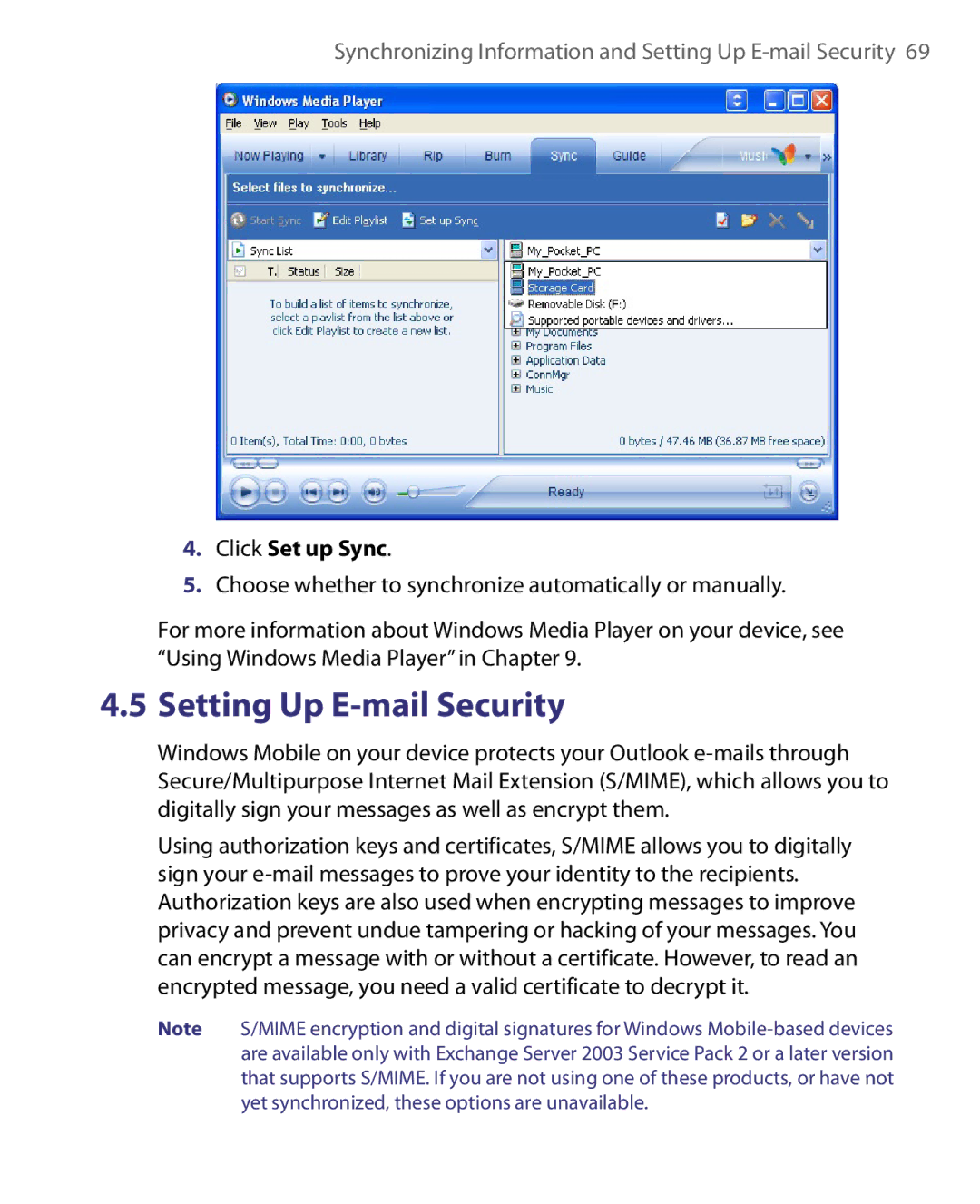 HTC Pocket PC Phone user manual Setting Up E-mail Security, Click Set up Sync 