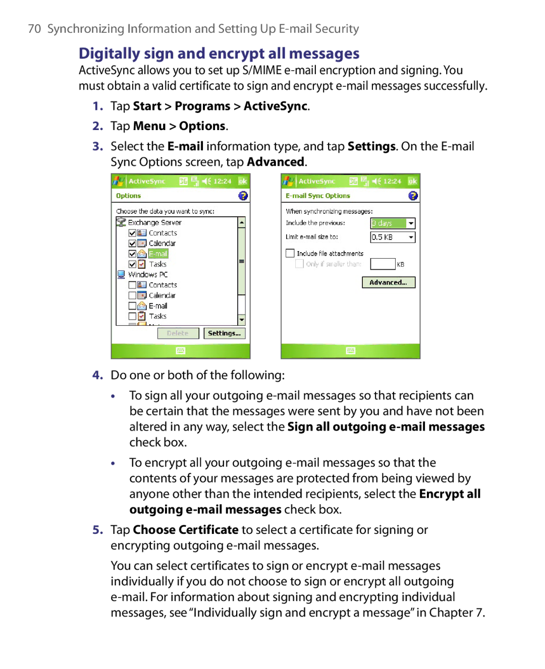 HTC Pocket PC Phone user manual Digitally sign and encrypt all messages, Tap Start Programs ActiveSync Tap Menu Options 