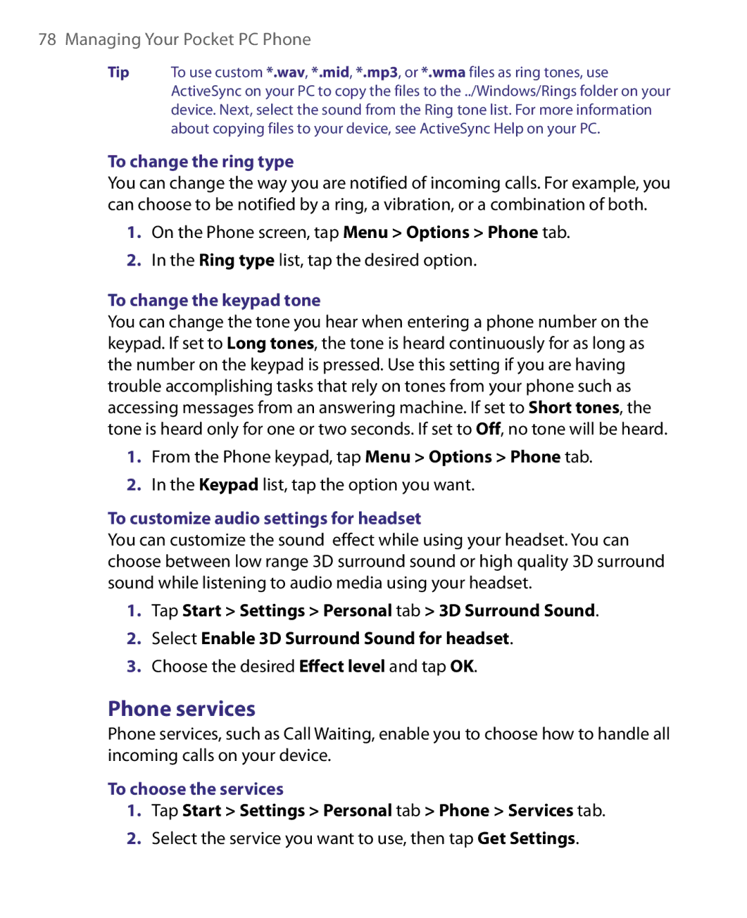 HTC Pocket PC Phone user manual Phone services, To change the ring type, To change the keypad tone, To choose the services 