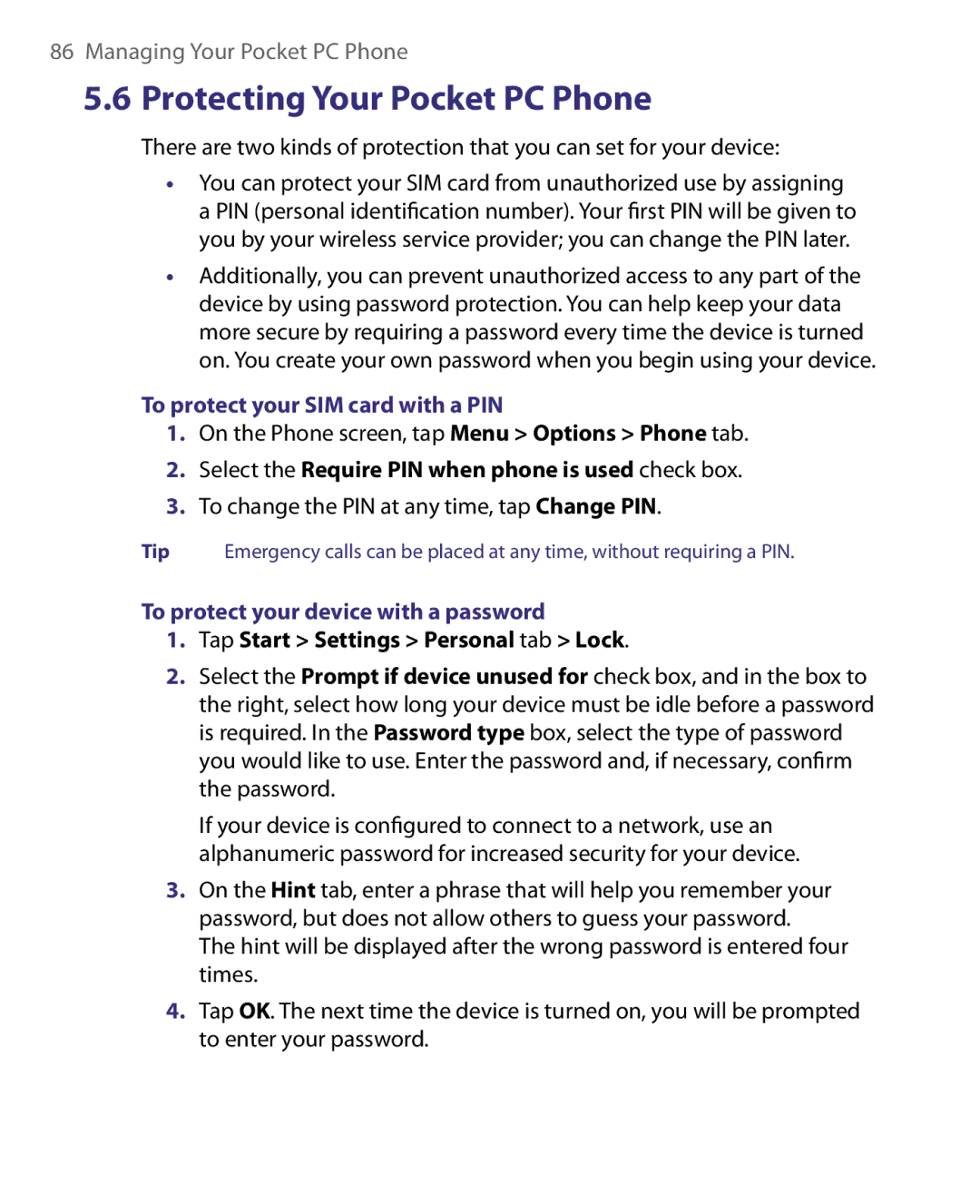 HTC Pocket PC Phone user manual To protect your SIM card with a PIN, Select the Require PIN when phone is used check box 