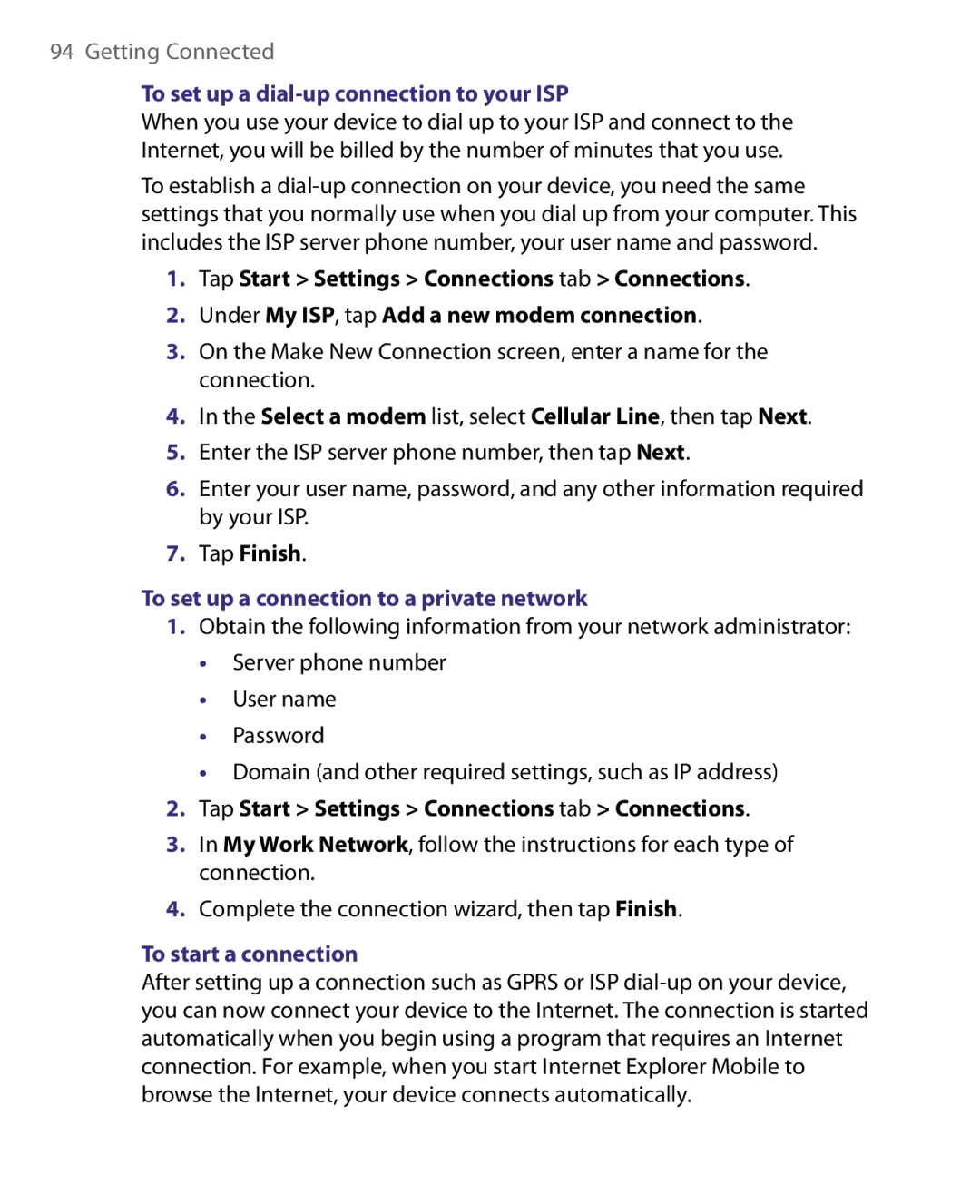 HTC Pocket PC Phone user manual To set up a dial-up connection to your ISP, To set up a connection to a private network 