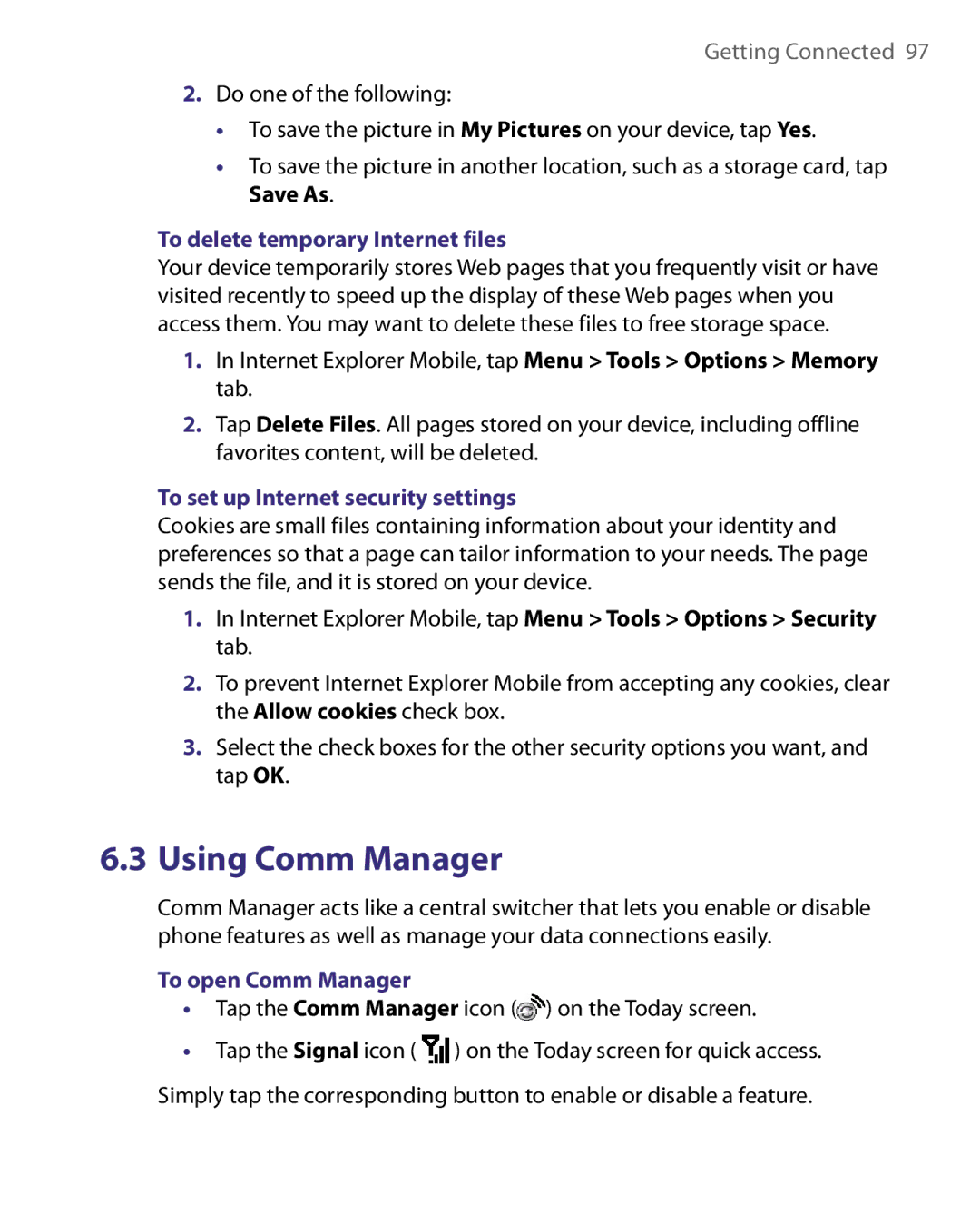 HTC Pocket PC Phone To delete temporary Internet files, To set up Internet security settings, To open Comm Manager 