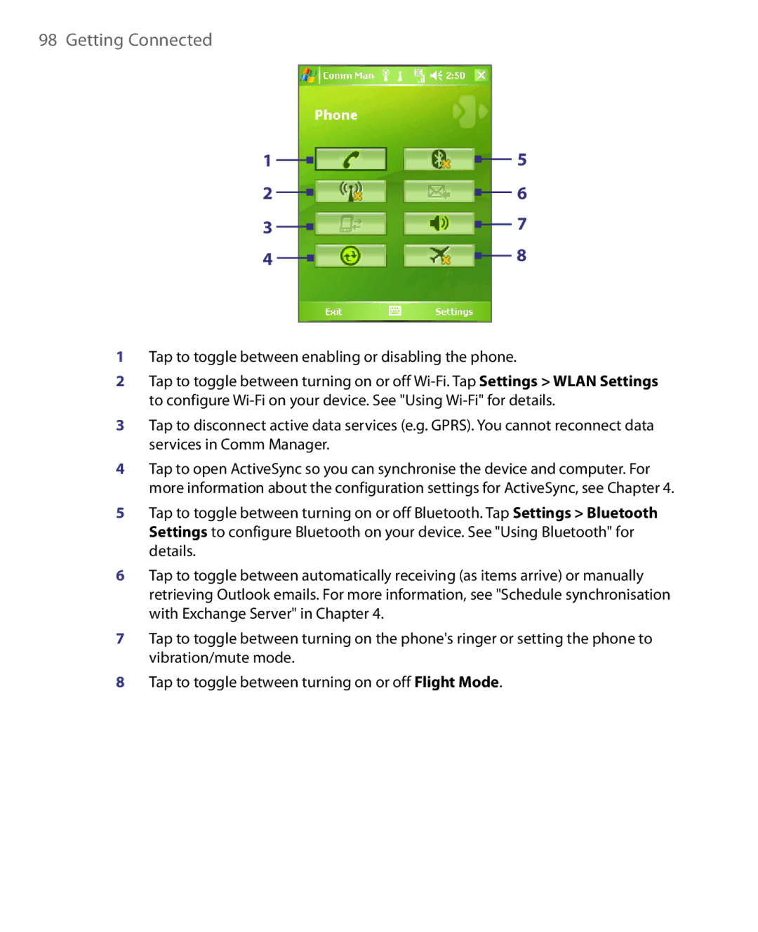 HTC Pocket PC Phone user manual Tap to toggle between enabling or disabling the phone 