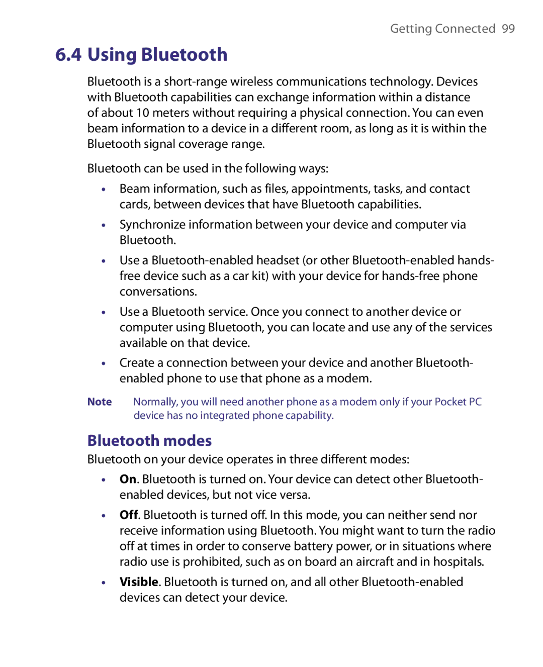HTC Pocket PC Phone user manual Using Bluetooth, Bluetooth modes 