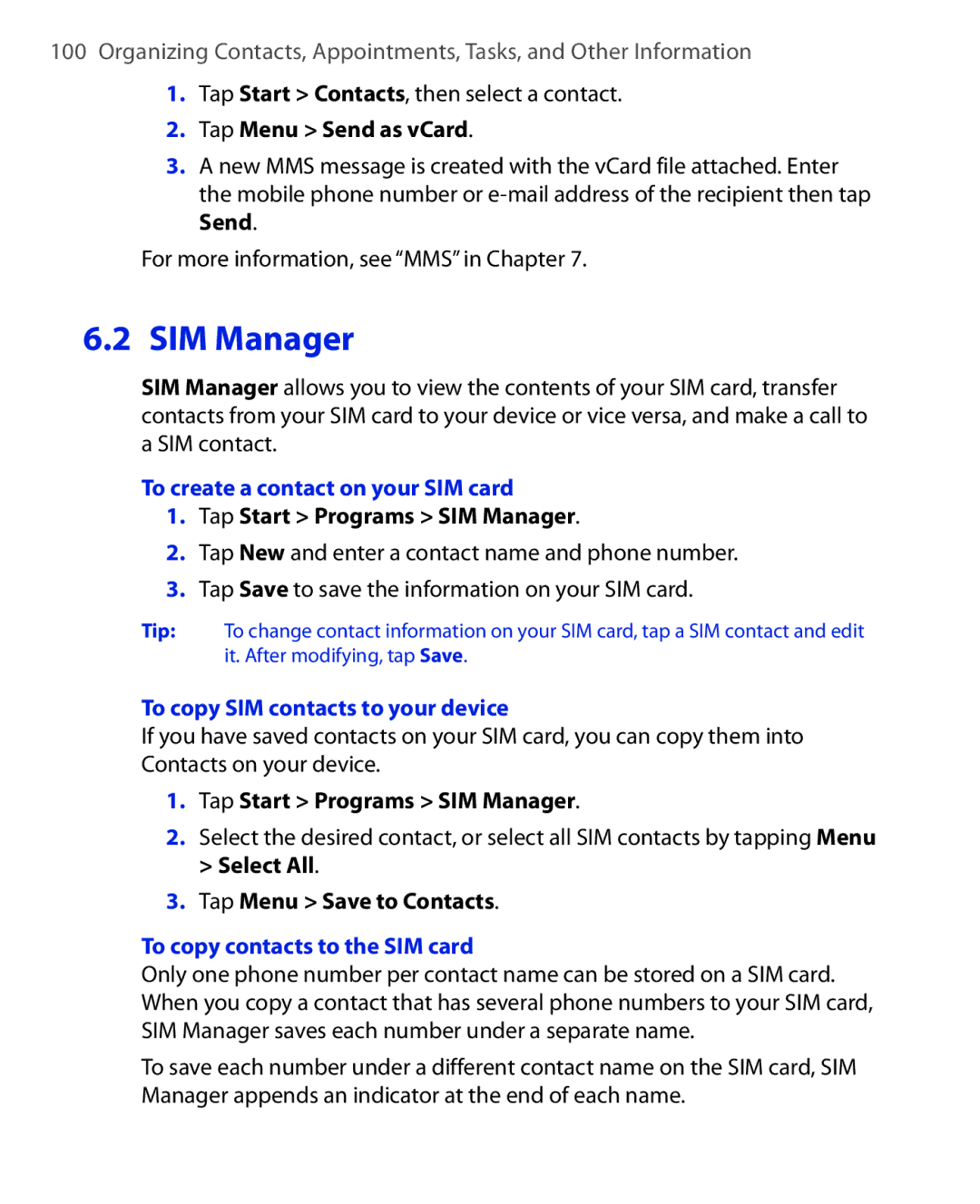 HTC POLA100 To create a contact on your SIM card, To copy SIM contacts to your device, To copy contacts to the SIM card 