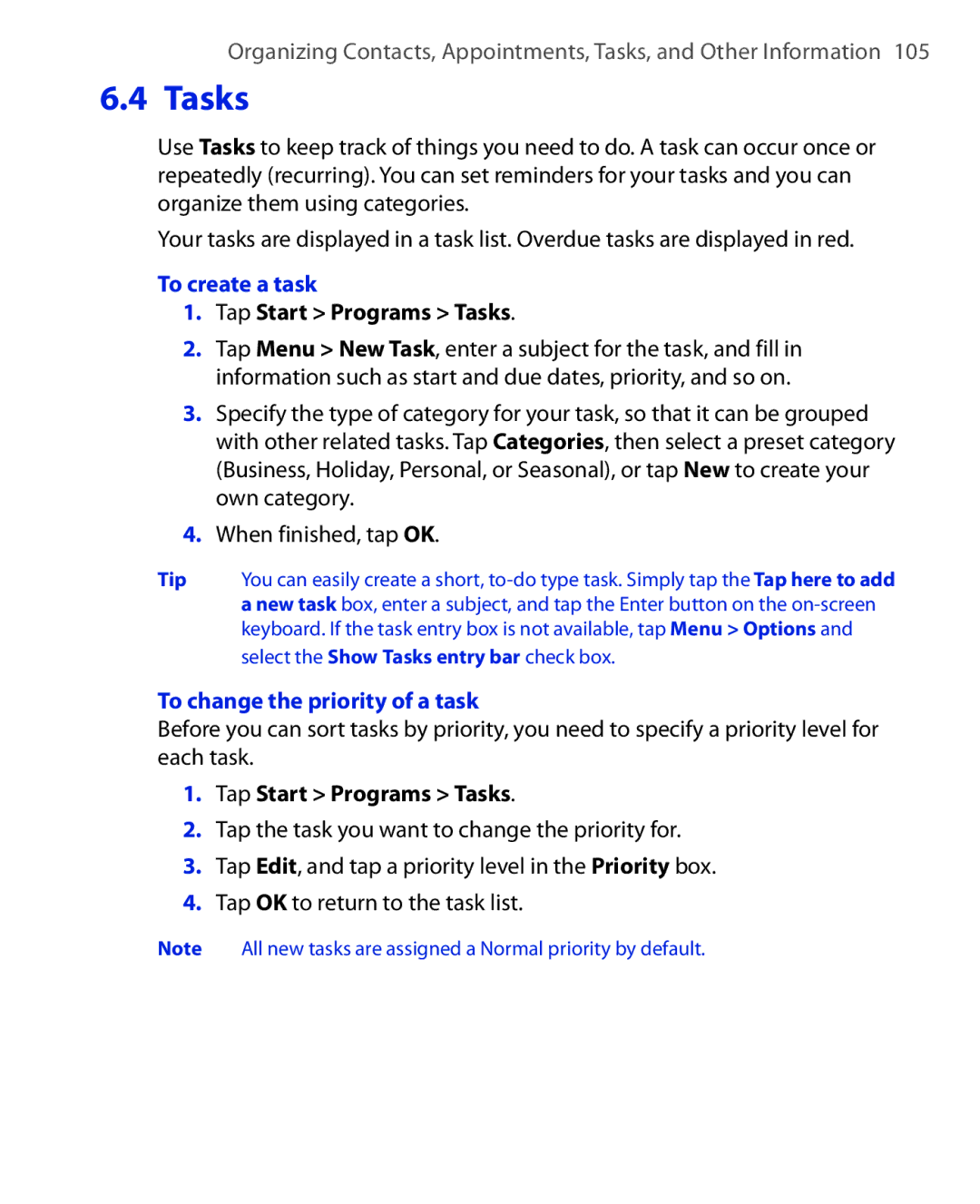 HTC POLA100 user manual To create a task, Tap Start Programs Tasks, To change the priority of a task 