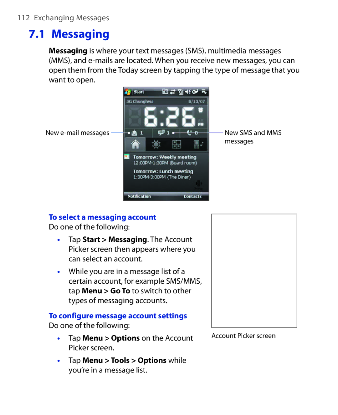 HTC POLA100 Messaging, To select a messaging account, To configure message account settings, Tap Menu Tools Options while 